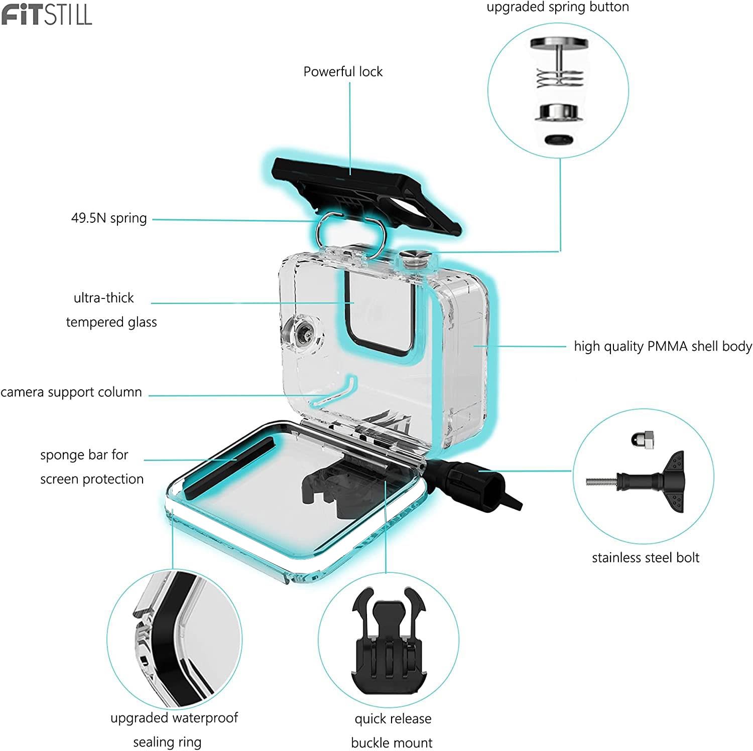 Fitstill Double Lock Waterproof Housing For Go Pro Hero 2018/7/6/5 Black, Protective 45M Underwater Dive Case Shell With Bracket