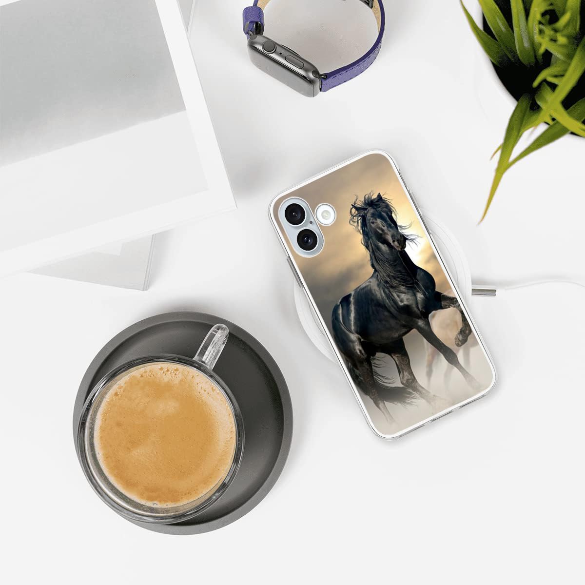 Hanlinzhiya Compatible With Iphone 16 Case, Black Horse Cool Animal Horse Design Drop Protection Slim Shockproof Tpu Clear Case