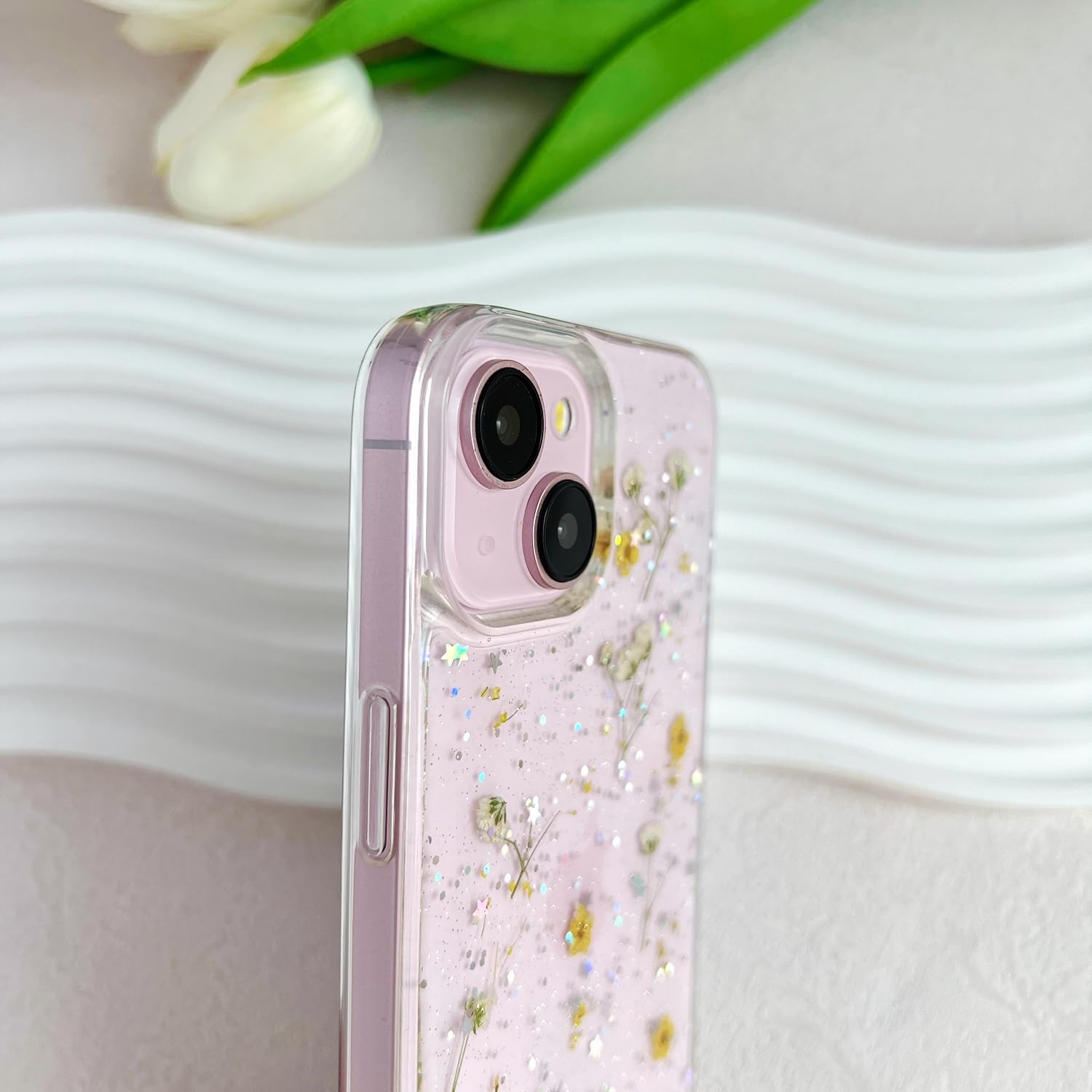 Lseeka For Iphone 14 Plus/Iphone 15 Plus Clear Case With Pressed Real Flowers Design,Glitter Cute Yellow Floral Slim Soft Tpu Pr