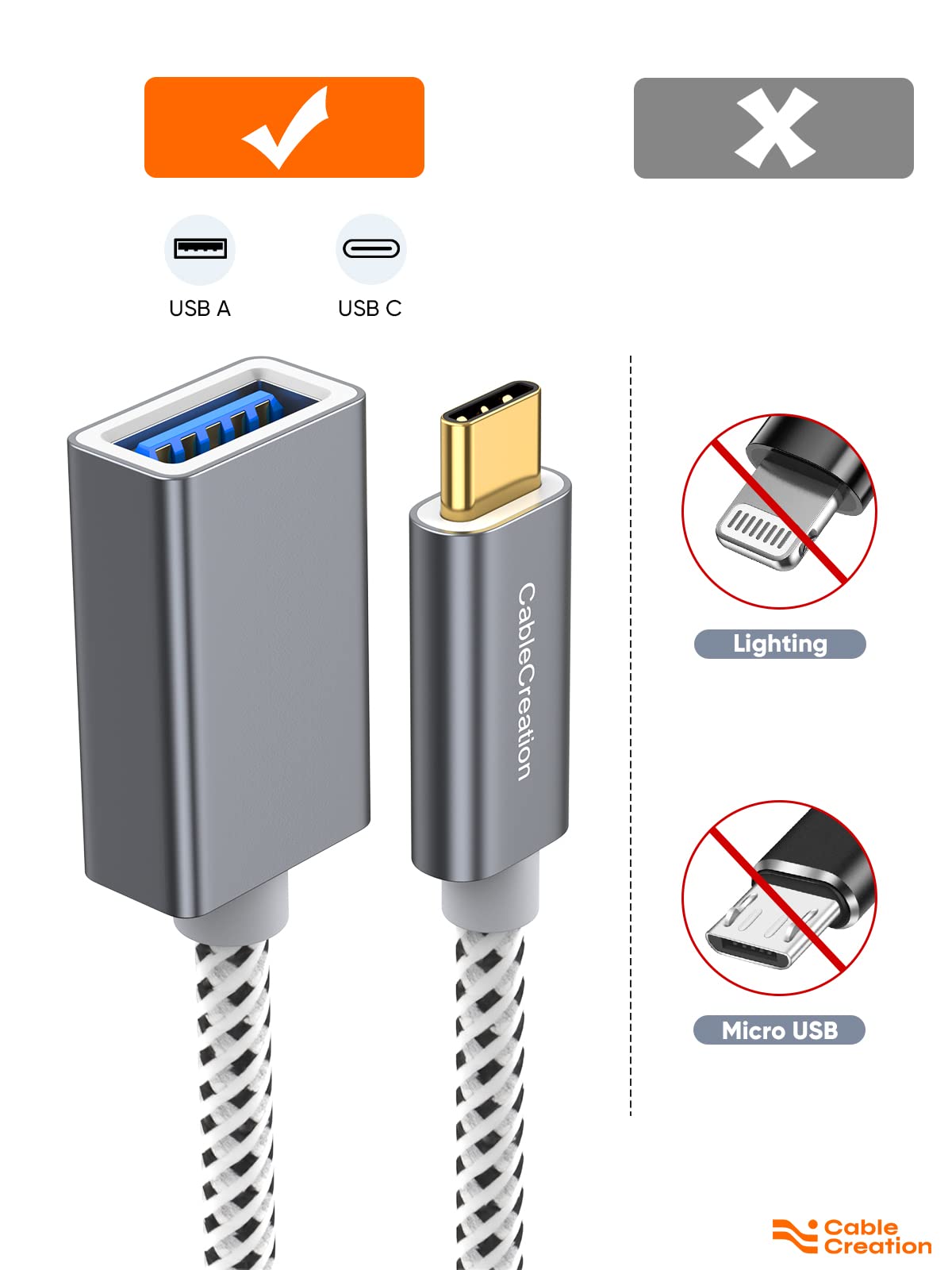 Cablecreation Usb To Usb C Adapter 0.5Ft/0.15M, Usb C Otg Cable, Usb Type C To Usb A Female Connector For Macbook Pro Air, Ipad
