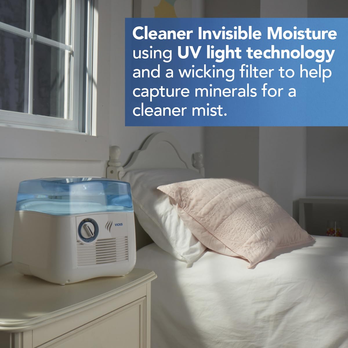 Vicks Cool Mist Humidifier With Uv Light. Evaporative Humidifier Auto Adjusts To Room Humidity Without Over Humidification. For