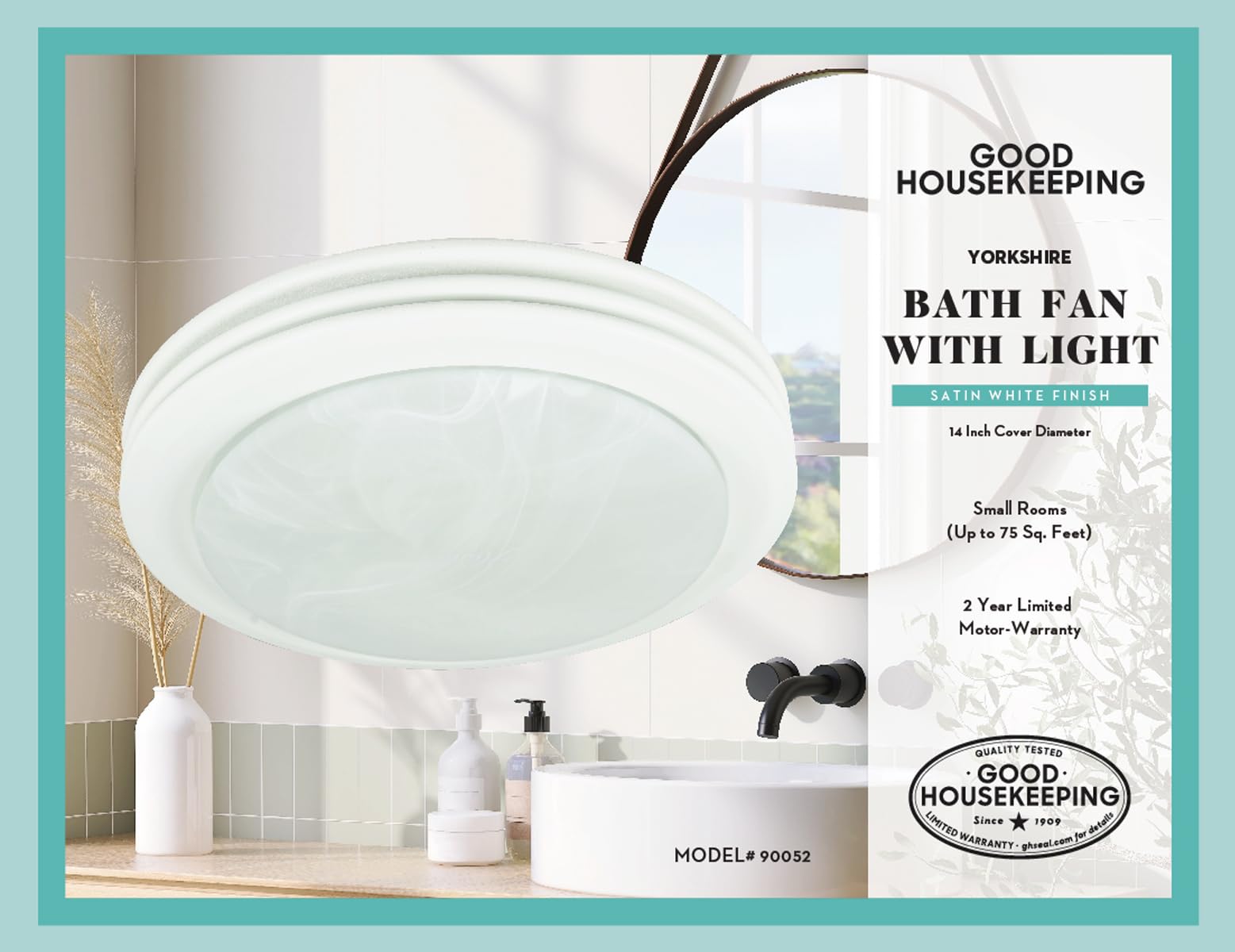 Good Housekeeping Yorkshire (90052) Decorative 80 Cfm 2.5 Sones Bathroom Ventilation Exhaust Fan With Lighting (Satin White)
