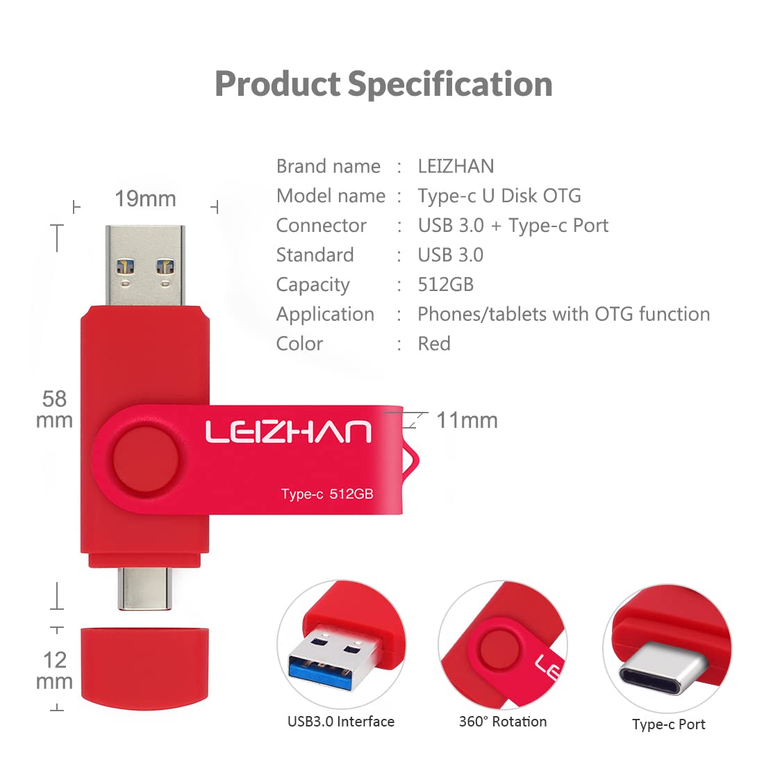 Leizhan 512Gb Usb C Flash Drive, Type C Usb Drive 3.0 For Samsung Galaxy Note10, S10,Note 9, S9, Note 8,S8,Google Pixel, Red