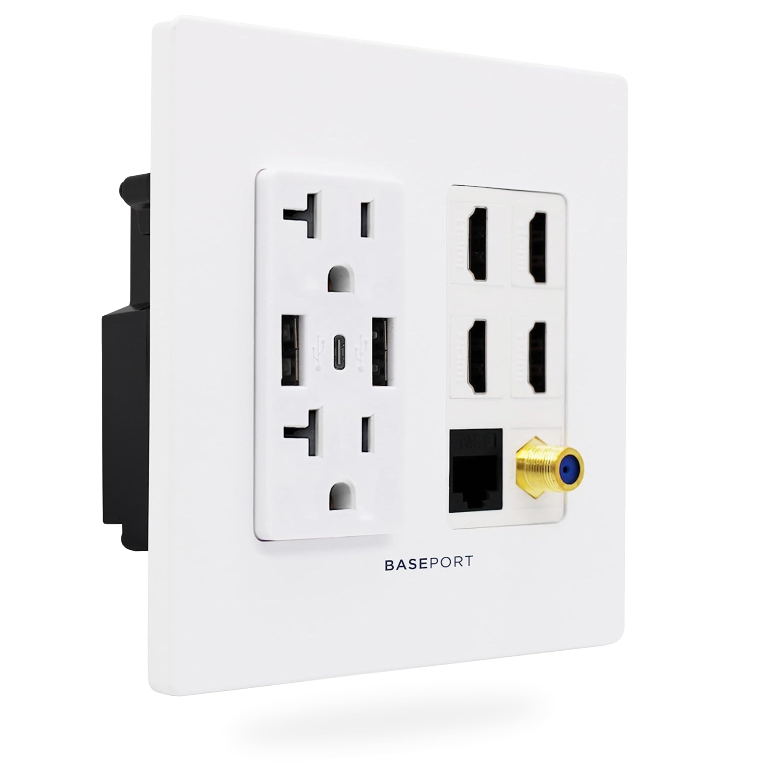Baseport Premium Media Outlet Wall Plate   6.3A Usb Wall Outlet 2 Usb A 2.0 + 1 Usb C 3.0, 20A Dual Power Outlet, 4 Hdmi Keyston