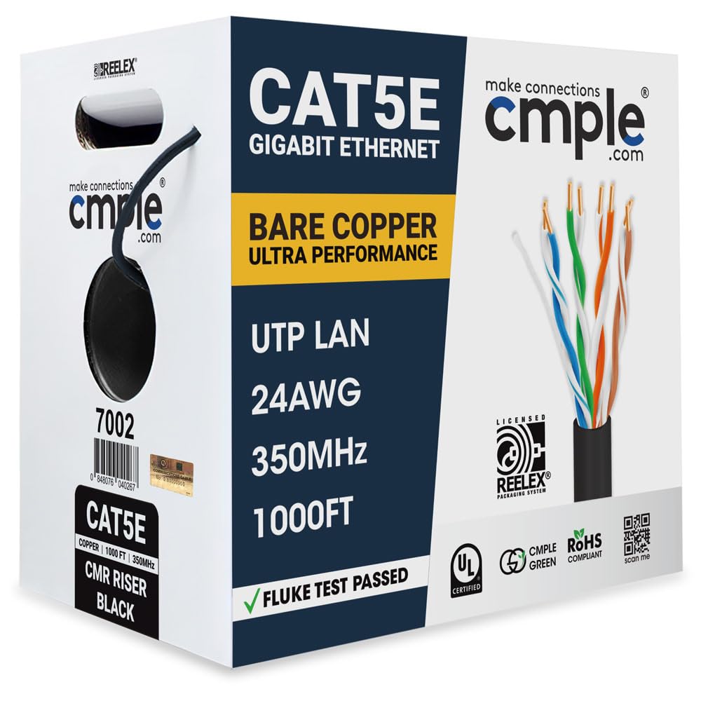 1000Ft Cat5E Riser Ethernet Cable Black | Ul, Cmr, 24Awg | Bare Copper