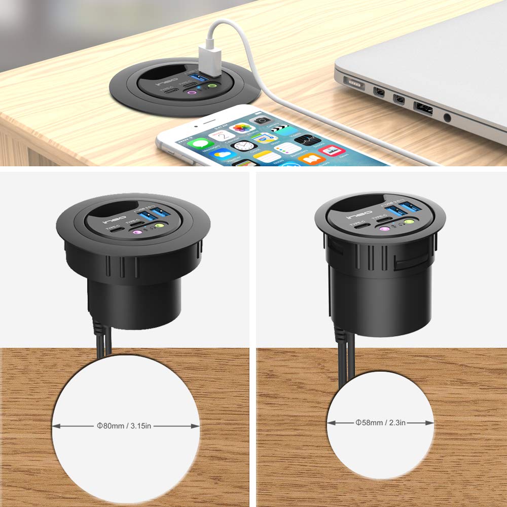 Ineo Grommet Desk Fit (Diameter 2.3'' To 2.4'') 2Type A + 2Type C With 3.5Mm Audio Mic Jack + 3.2'' Expandable Case (Power Is No