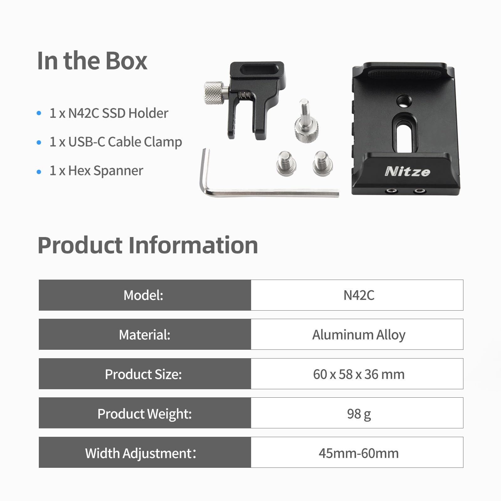 Nitze Universal Ssd Mount Bracket For Samsung T5 Ssd, Samsung T7 Ssd, Sandisk Ssd Within 45 To 60Mm Of Width,Ssd Holder With Usb C Cable Clamp   N42C