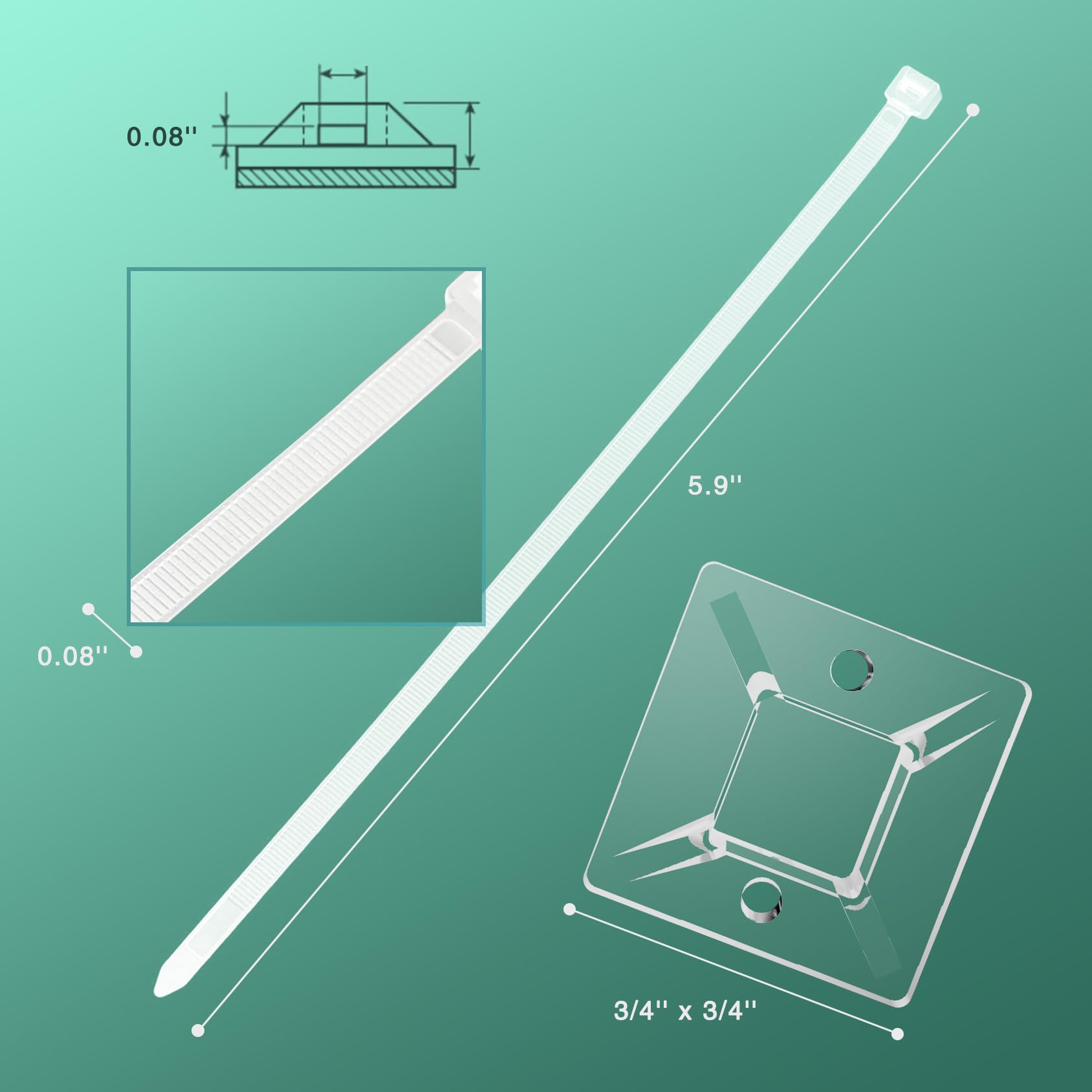 Kanemc 240Pcs Clear Cable Ties Mounts, 5.9'' Heavy Duty Zip Ties 120Pcs + 3/4'' Adhesive Cable Holders 120Pcs, Self Locking Nylo