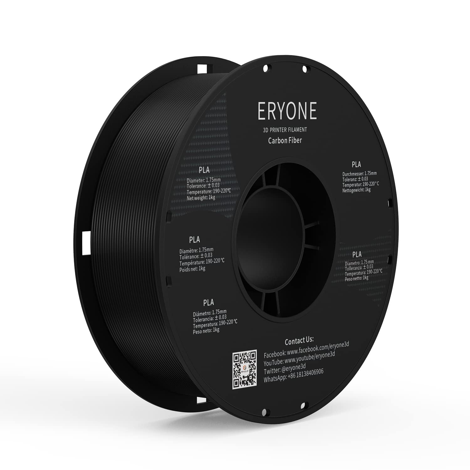 Eryone Carbon Fiber Filament Pla 1.75 Mm, Pla Filament For 3D Printer,  0.03 Mm, 1 Kg (2.2 Lbs)/Spool, Black