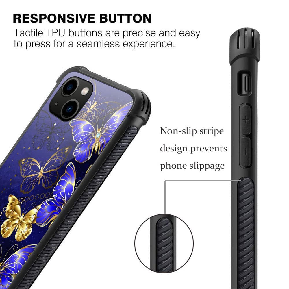ZHEGAILIAN iPhone 13 Case Blue Gold Butterfly Pattern Anti-Scratch Organic Glass TPU 6.1-inch