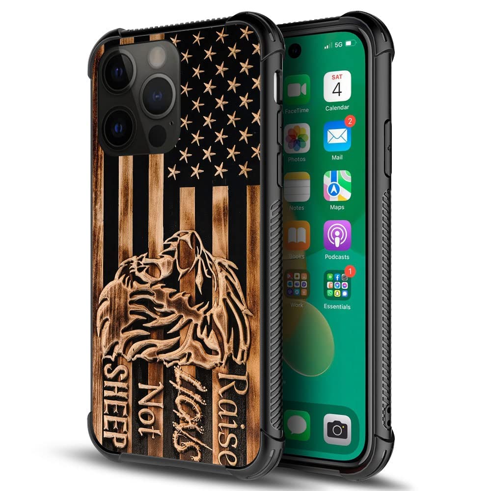 Daizag Compatible With Case For Iphone 14 Pro Max, Wood Grain American Flag Lion Iphone 14 Pro Max Cases For Man Woman, All Roun