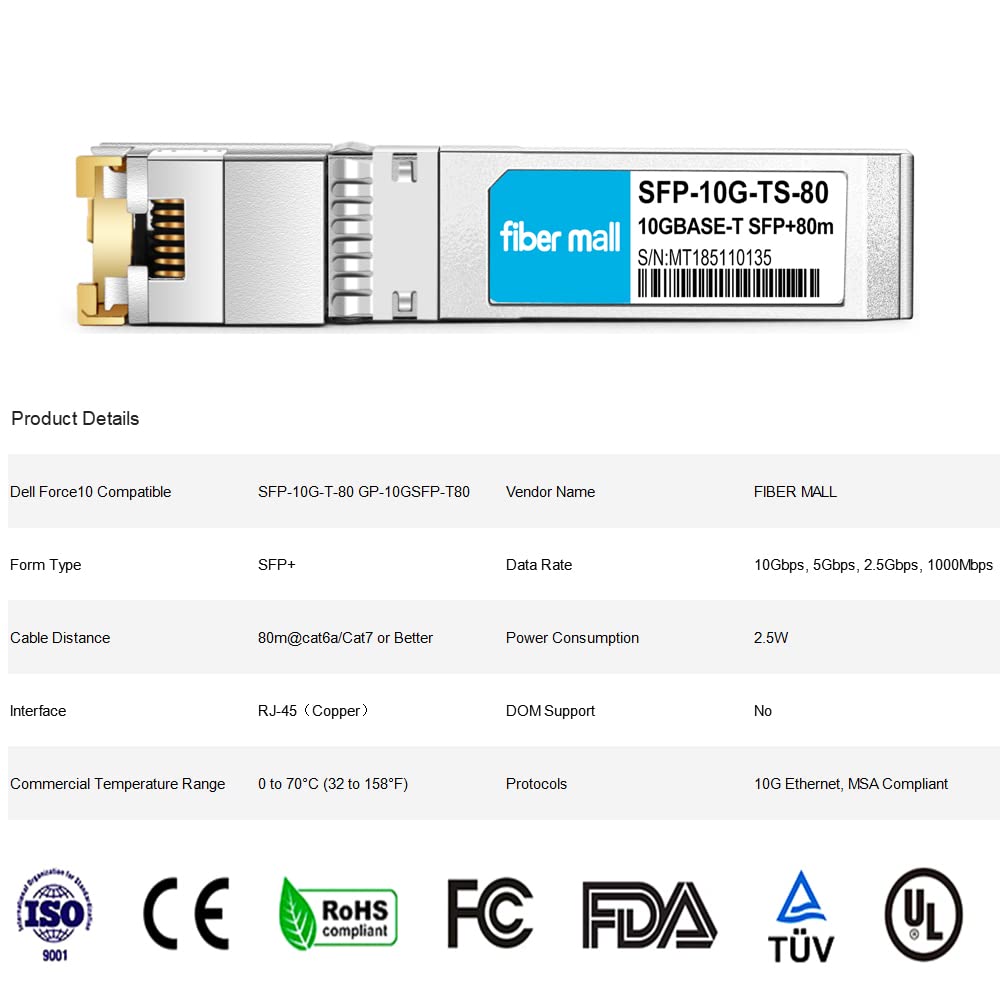 10G Sfp+ Rj45 80M For Dell Force10 Sfp 10G T 80 Gp 10Gsfp T80 10Gbase T Sfp+ 80M Rj45 Cat6A/7 Mini Gbic 10Gb Copper R J45 Transc