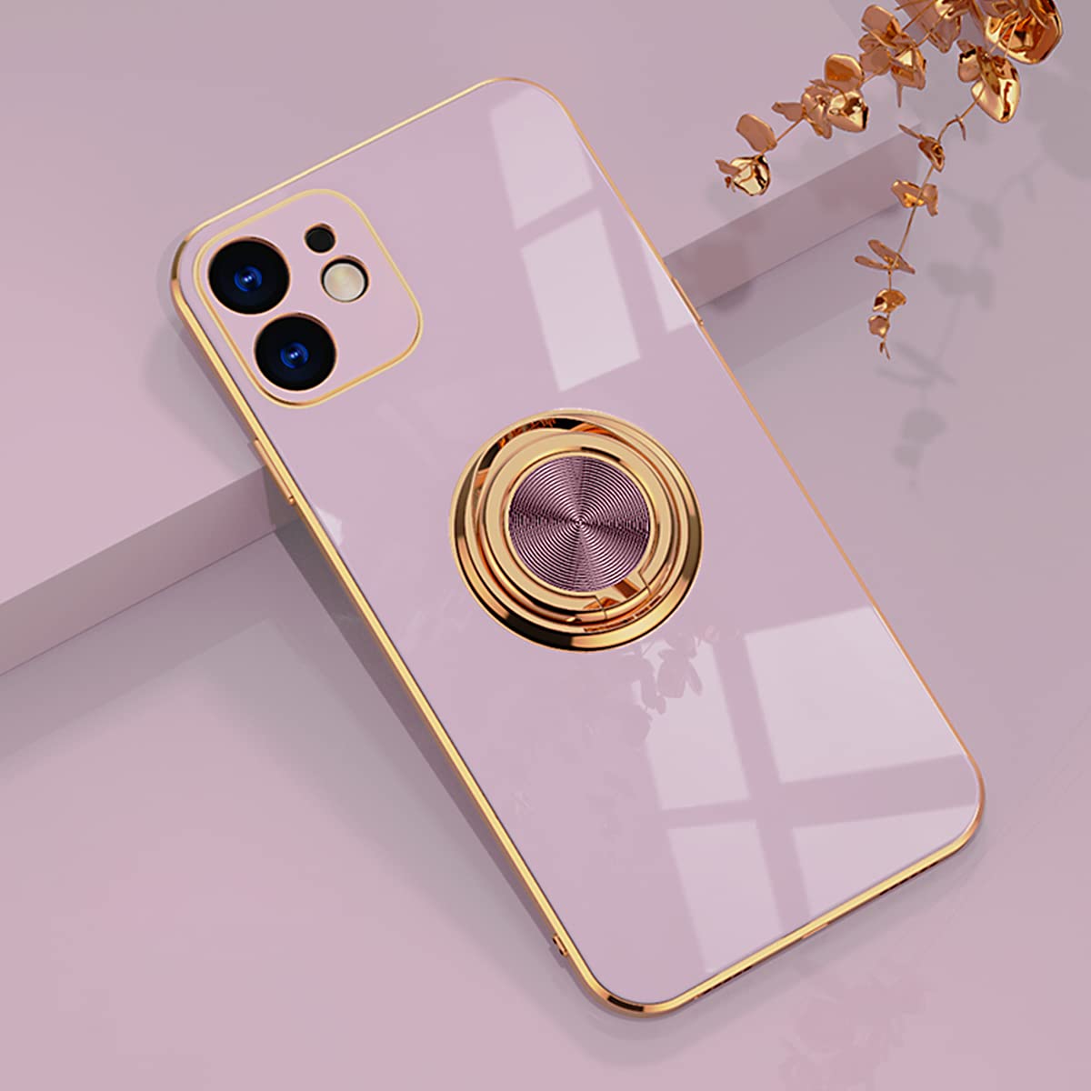 Aowner Compatible With Iphone 11 Ring Holder Case Shiny Plating Rose Gold Edge 360 Degree Rotation Kickstand For Women Girls Sli