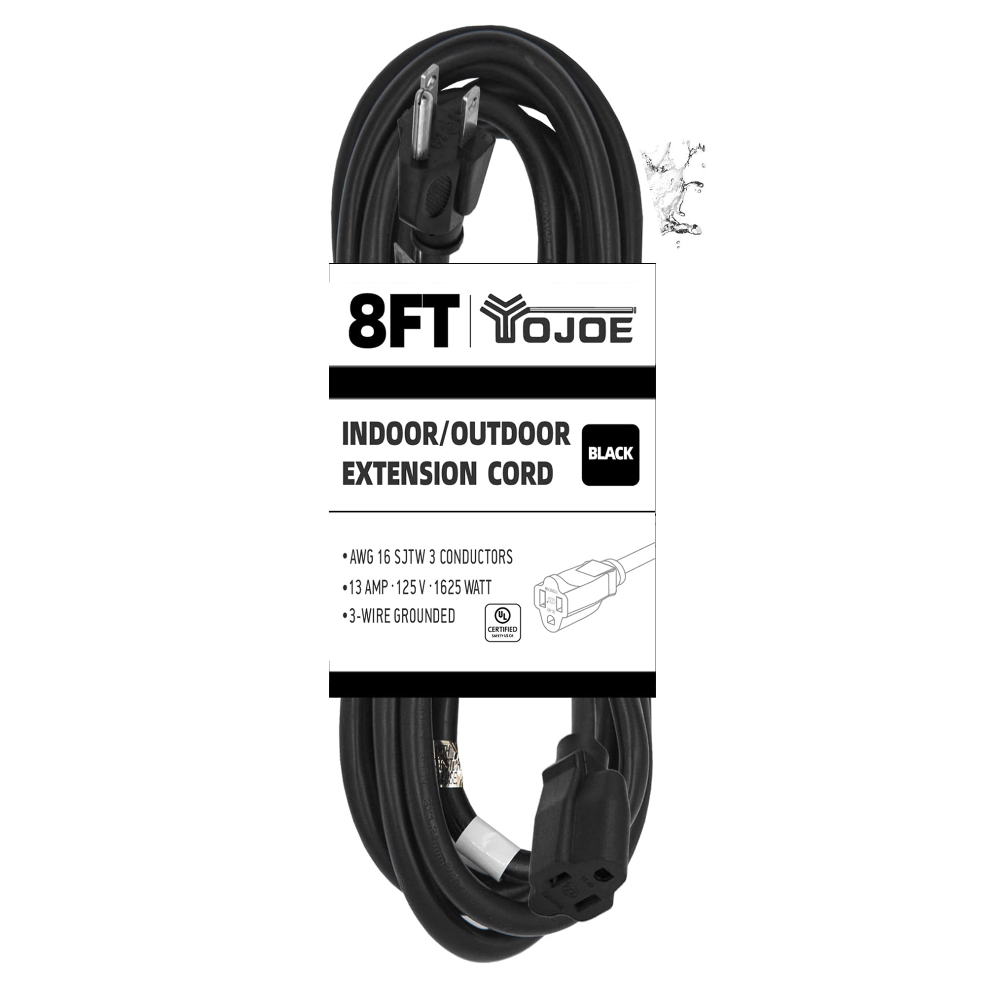Yojoe Indoor Outdoor Extension Cord, 3 Prong 13A Weatherproof Power Extension Cord, 16 Gauge Heavy Duty 8 Ft Black Extension Cor