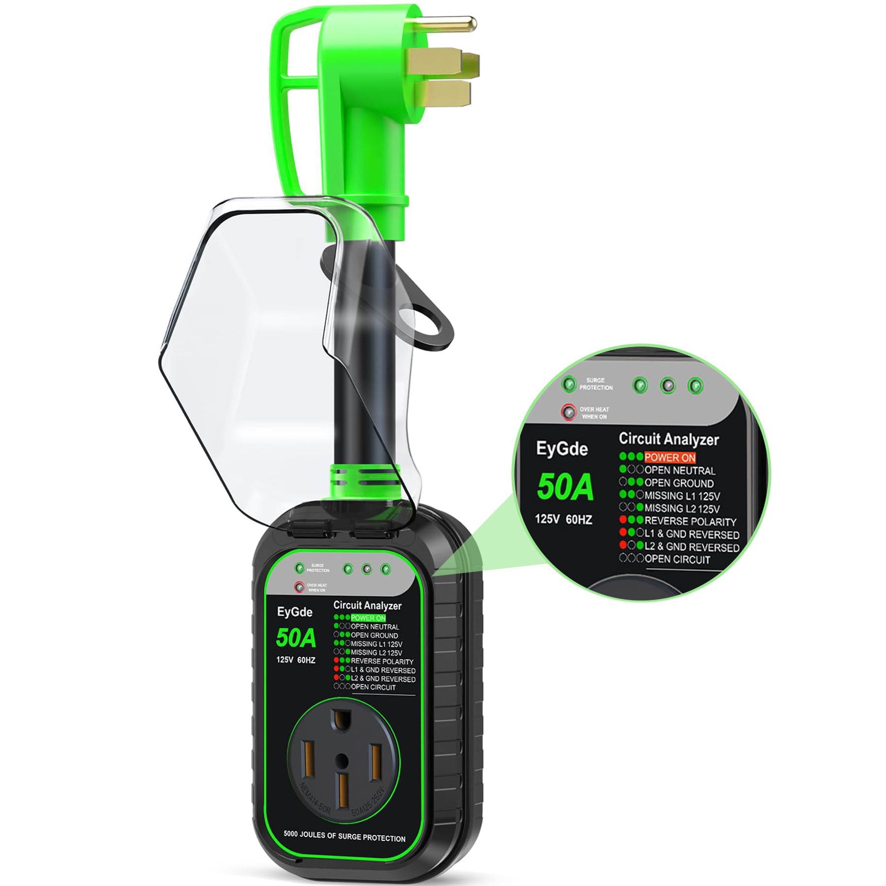 Eygde Rv Surge Protector 50 Amp, Rv Circuit Analyzer With Waterproof Cover, Rv Accessories Power Voltage Protection Guard For Ca