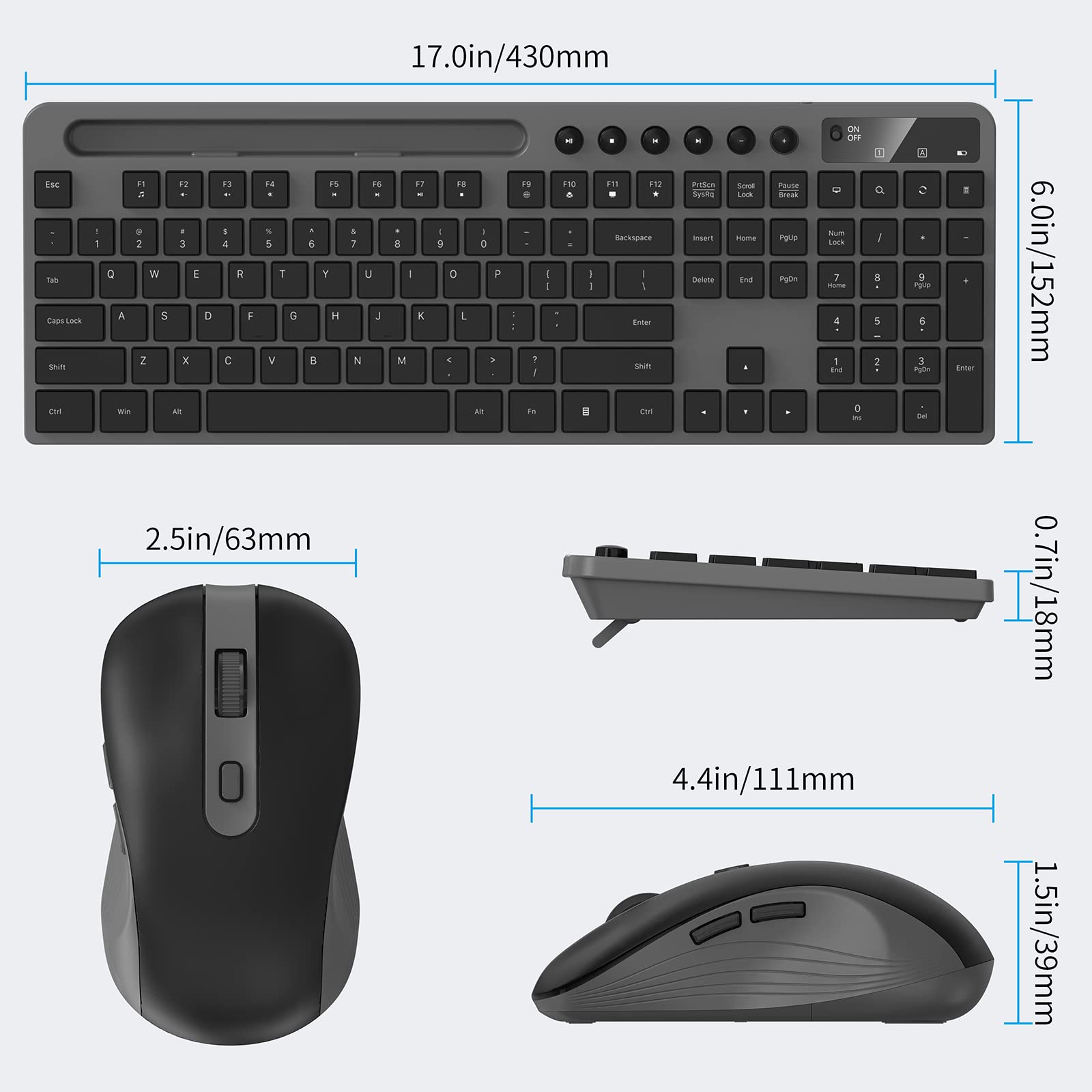 Wireless Keyboard And Mouse Combo, Marvo 2.4G Ergonomic Wireless Computer Keyboard With Phone Tablet Holder, Silent Mouse With 6 Button, Compatible With Macbook, Windows (Grey)