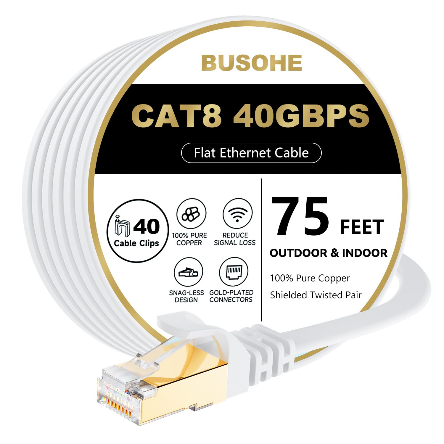 BUSOHE Cat 8 Ethernet Cable 75 FT, 40Gbps 2000Mhz High Speed Flat Cat8 Cable Patch Cord with Gold-Plated RJ45 Connector, LAN Net
