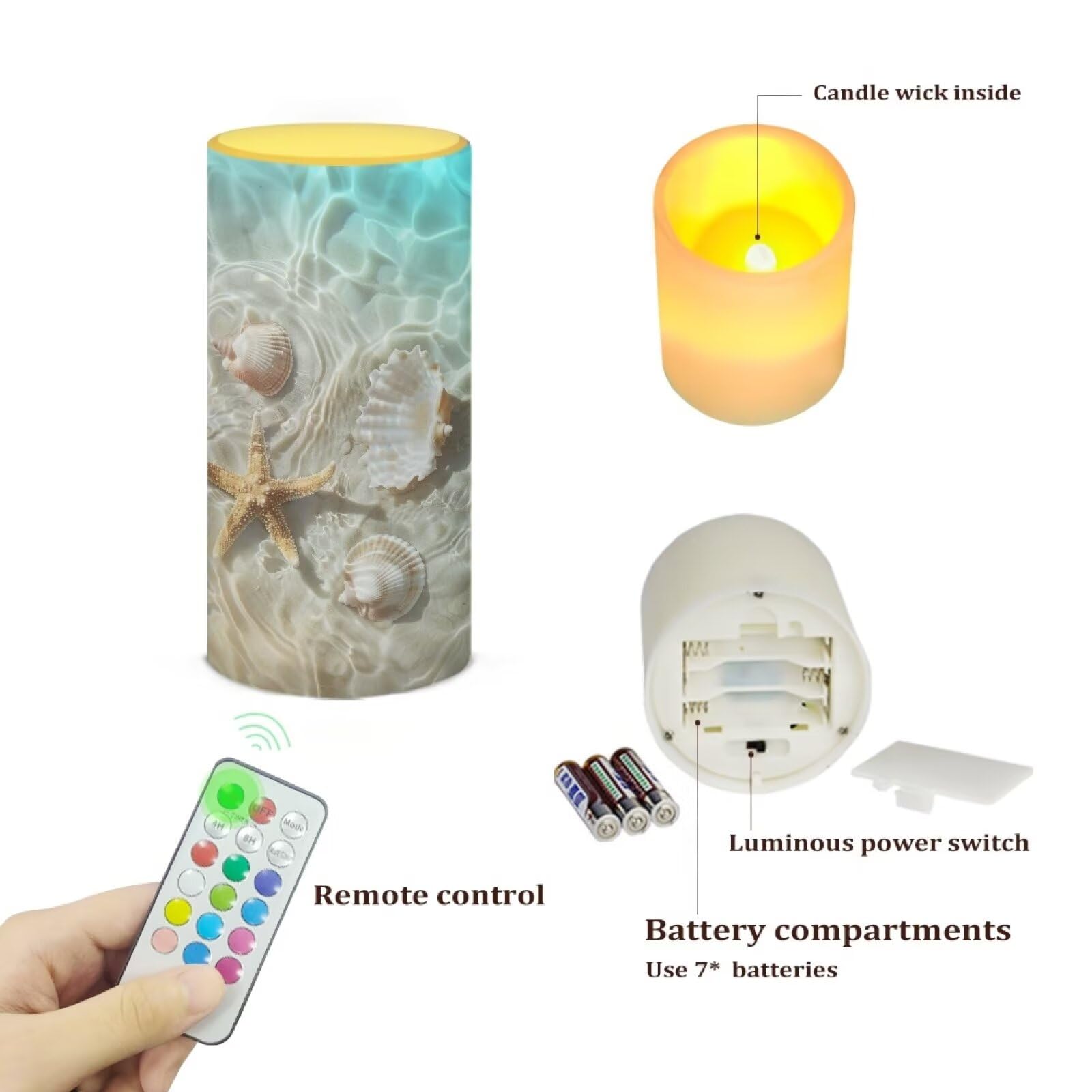Poceacles Beach Starfish Seashell Flameless Candle Battery Powered With Remote Control 12 Colors 4/8 Hours Timer Led Night Light