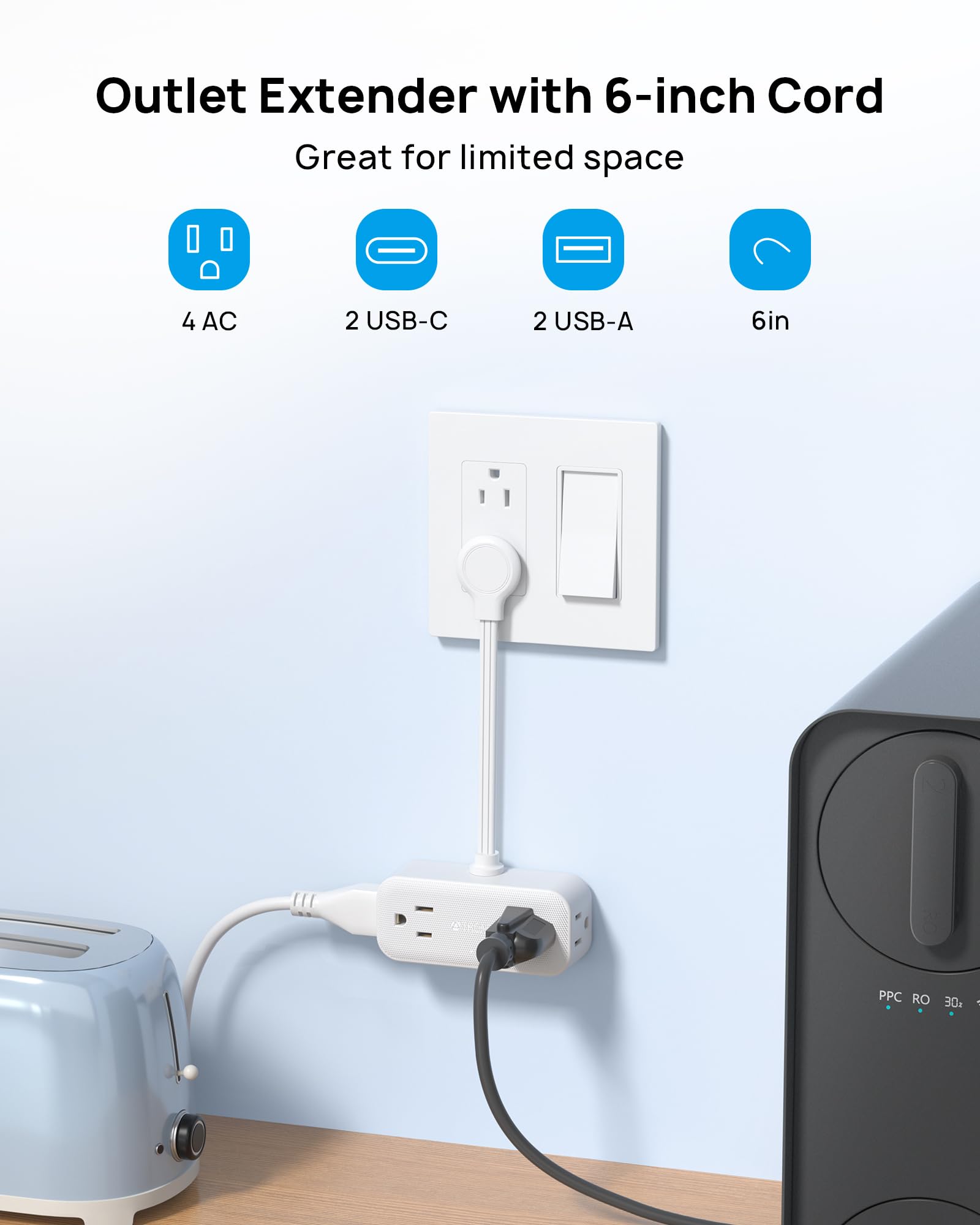 Trond Outlet Extender With 6 Inch Cord, Flat Plug Adapter For Inverted Sockets, 4 Electrical Sockets, 4 Usb Ports, Multi Plug Wa