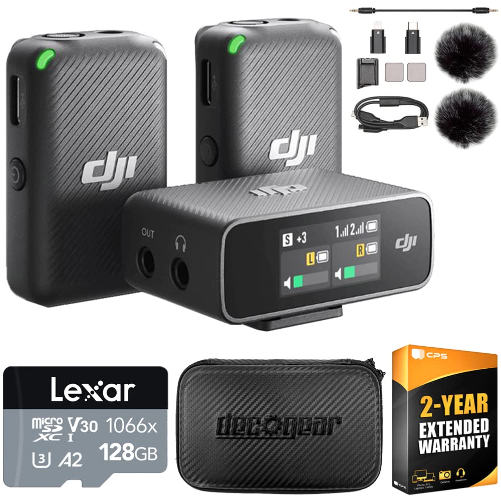 DJI Mic Wireless Microphone System and Audio Recorder Bundle with Lexar 128GB microSDXC Memory Card, Deco Gear 7 Hard Case and 2