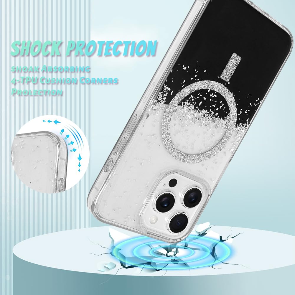 Bonoma For Iphone 15 Pro Max Case, Sparkly Glitter Bling Back, Magnetic Support For Magsafe Shockproof Case, Crystal And Clear H
