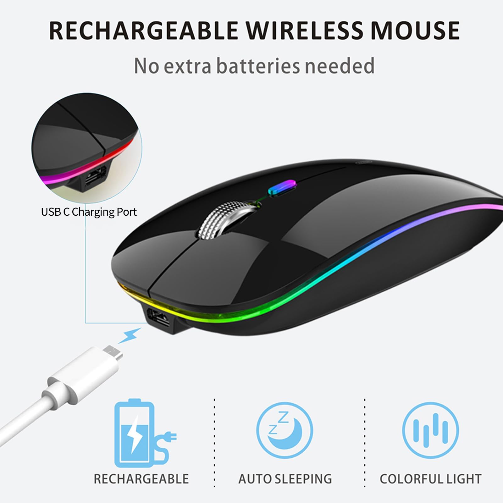 Uiosmuph Led Wireless Silent Mouse, G12 Slim Rechargeable, 2.4G Portable Optical Computer Mice With Usb Receiver And Type C Adap