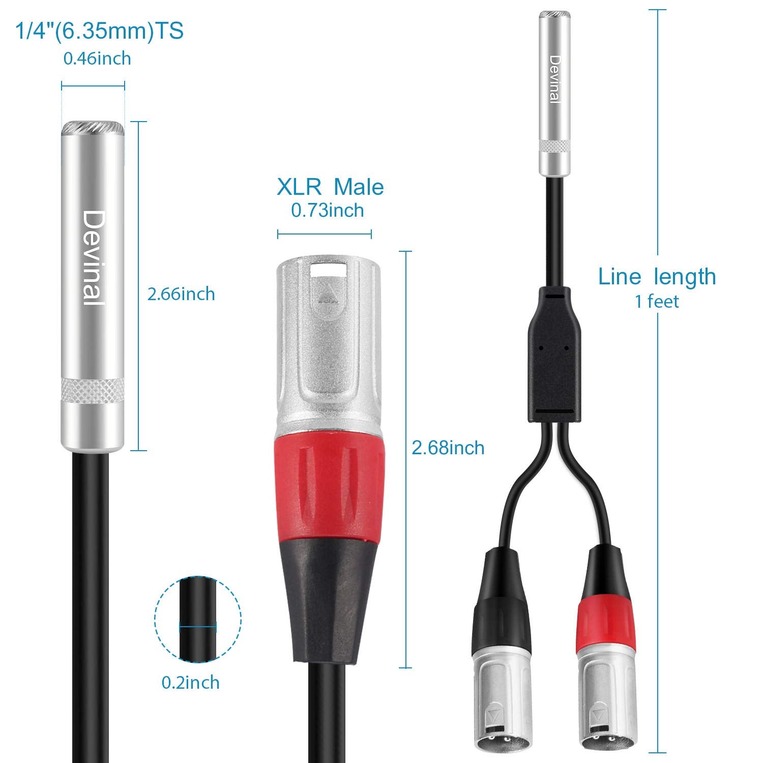 Devinal 1/4 Inch Female To Dual Xlr Breakout Cable, 6.35Mm Female Trs To 2 Xlr Male Audio Converter, Female Quarter Inch Socket