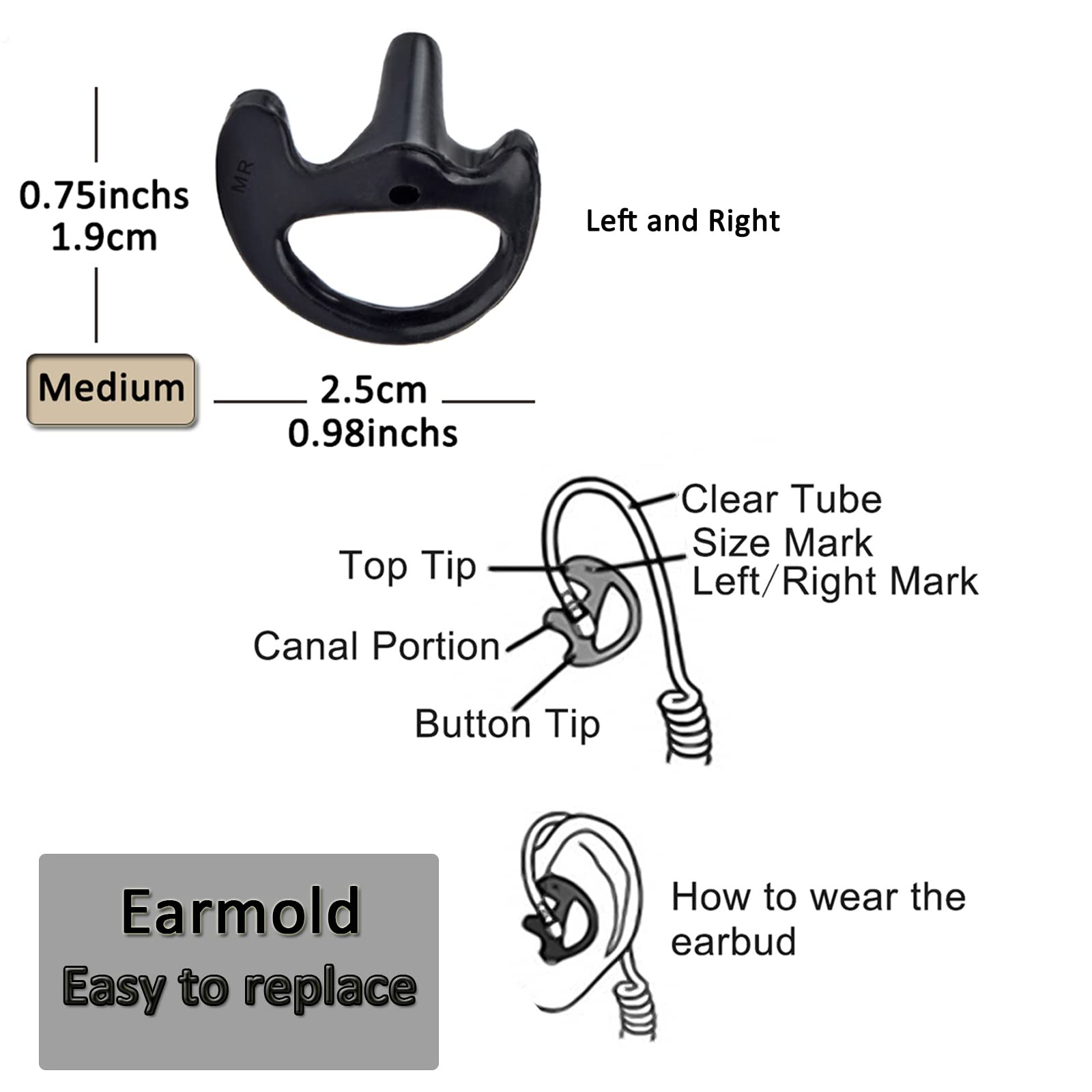 Hys 5 Pairs Black Medium Soft Silicone Ear Buds Flexible Ear Insert Earmold Replacement Acoustic Tube Security Ear Pieces/Ear Tips For Two Way Radio Coil Tube Earpiece For Law Enforcement