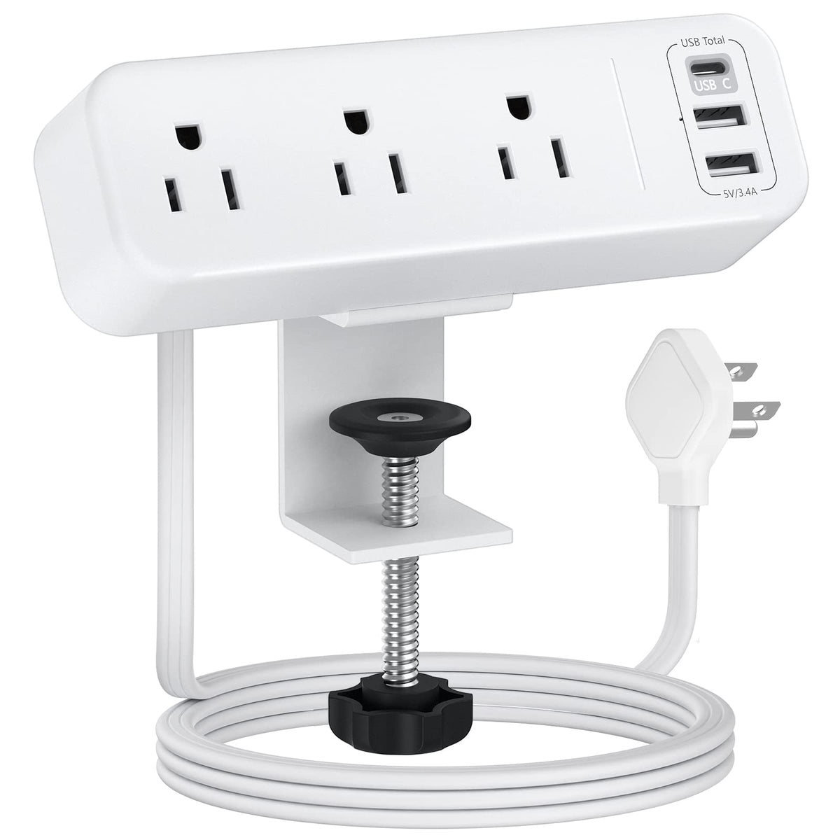 3 Outlet Desk Clamp Power Strip With Usb C, White Flat Plug Desktop Edge Power Strip, Desk Mount Clamp Socket Connect 6.5 Ft Thi