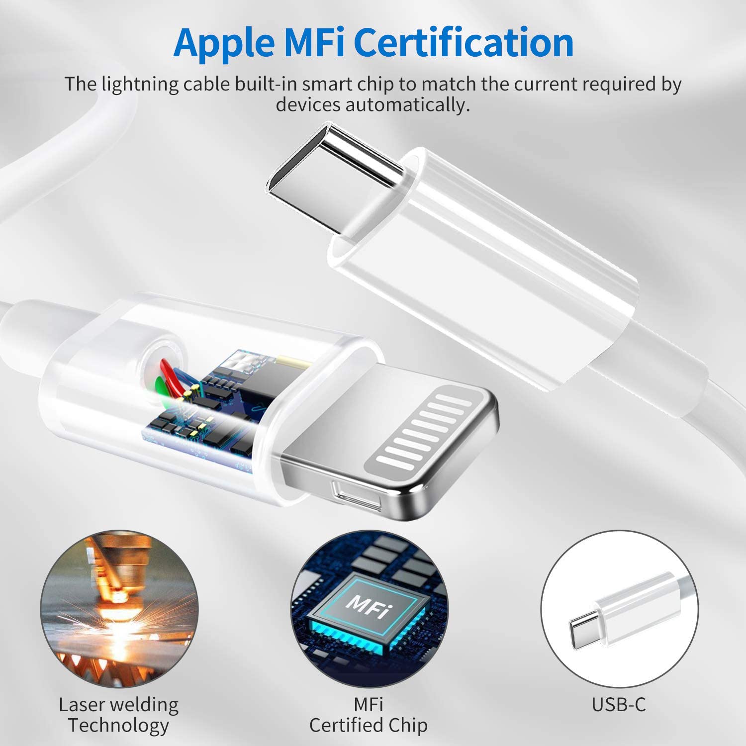 Yeptech iPhone Charger - 10FT MFi Certified Type C to Lightning Cable with 20W USB-C Wall Charger - White - Model TE2107A