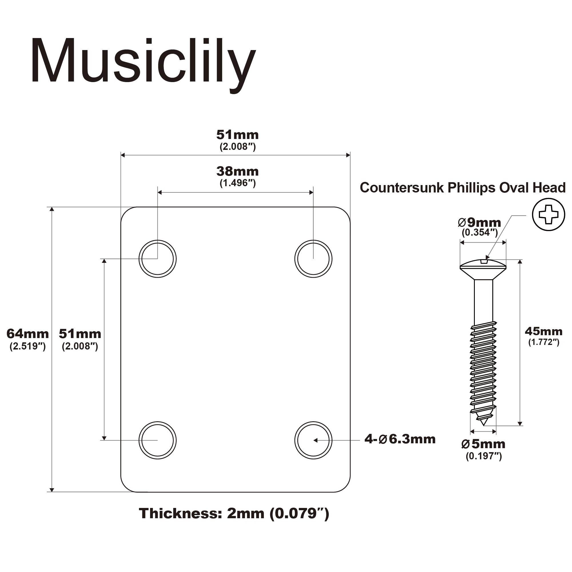Musiclily Metal 4 Bolt Guitar Neck Plate With Screws For Fender Strat Tele Electric Guitar Or Bass Replacement,Black