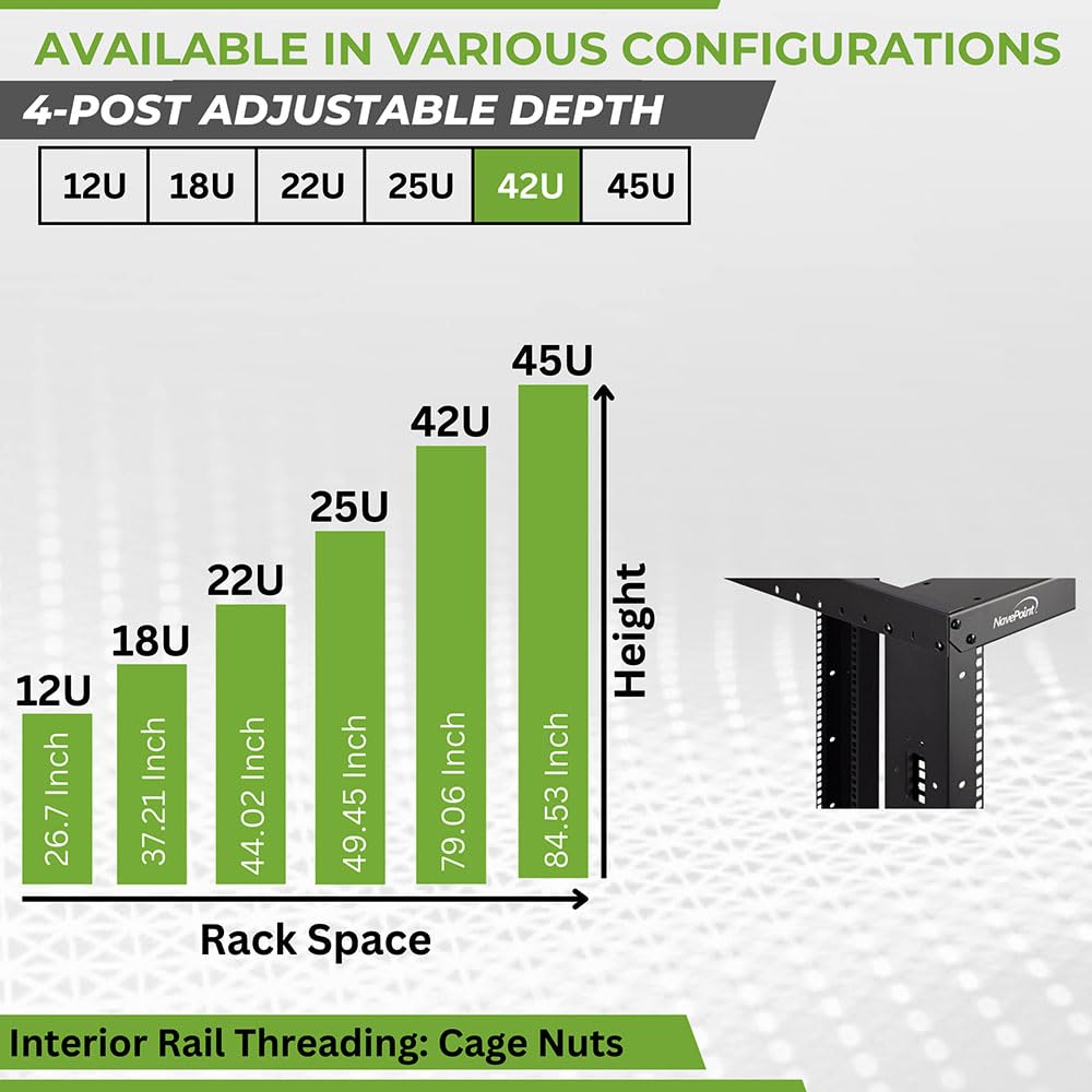 Navepoint 42U 4 Post Server Rack   Open Frame Rack For 19 Inch Equipment, Adjustable Depth 4 Post Network Rack With Casters Whee