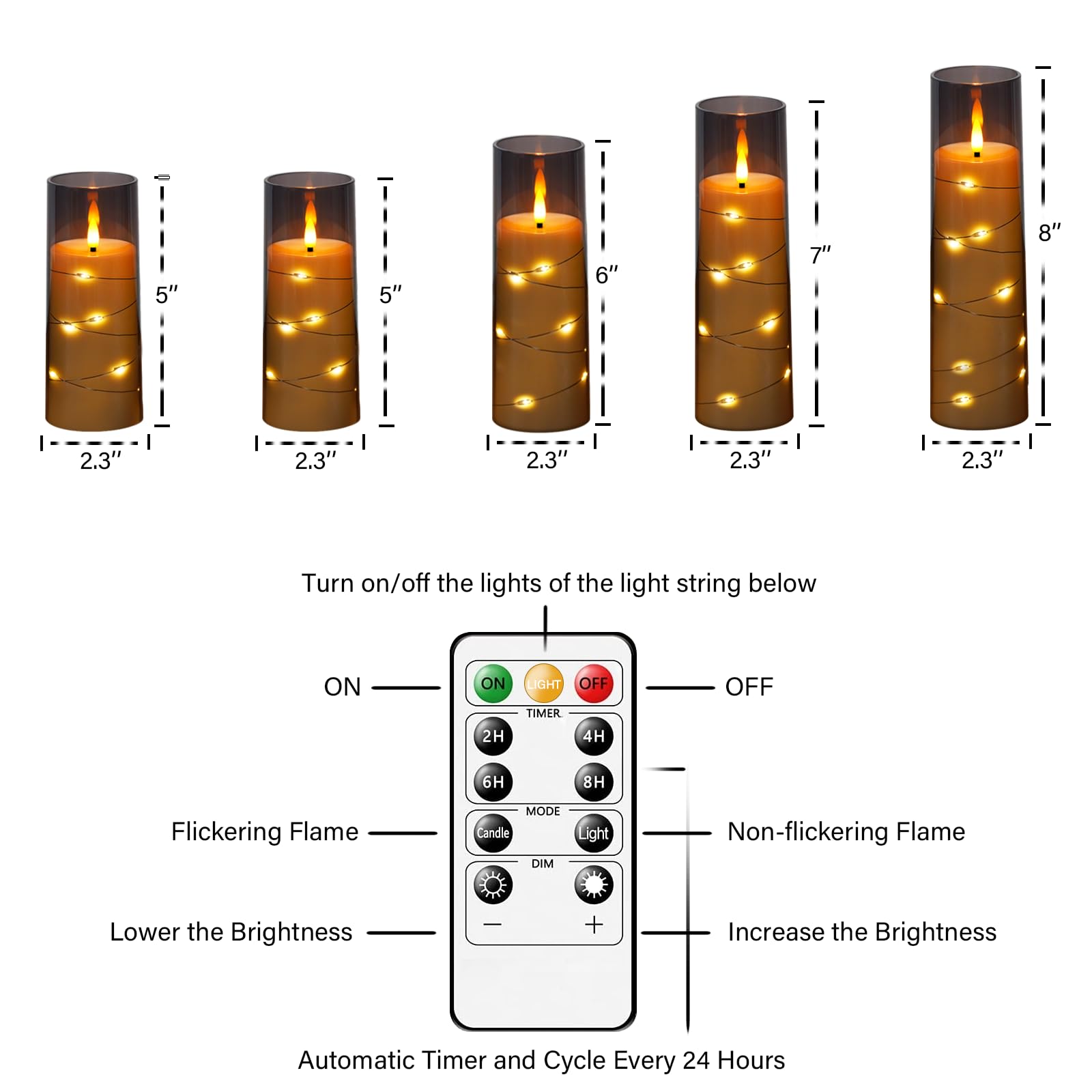Obrldpao Flameless Candles Battery Operated,5 Pcs Acrylic Flickering Led Candles With Remote,With Embedded Star String Flameless