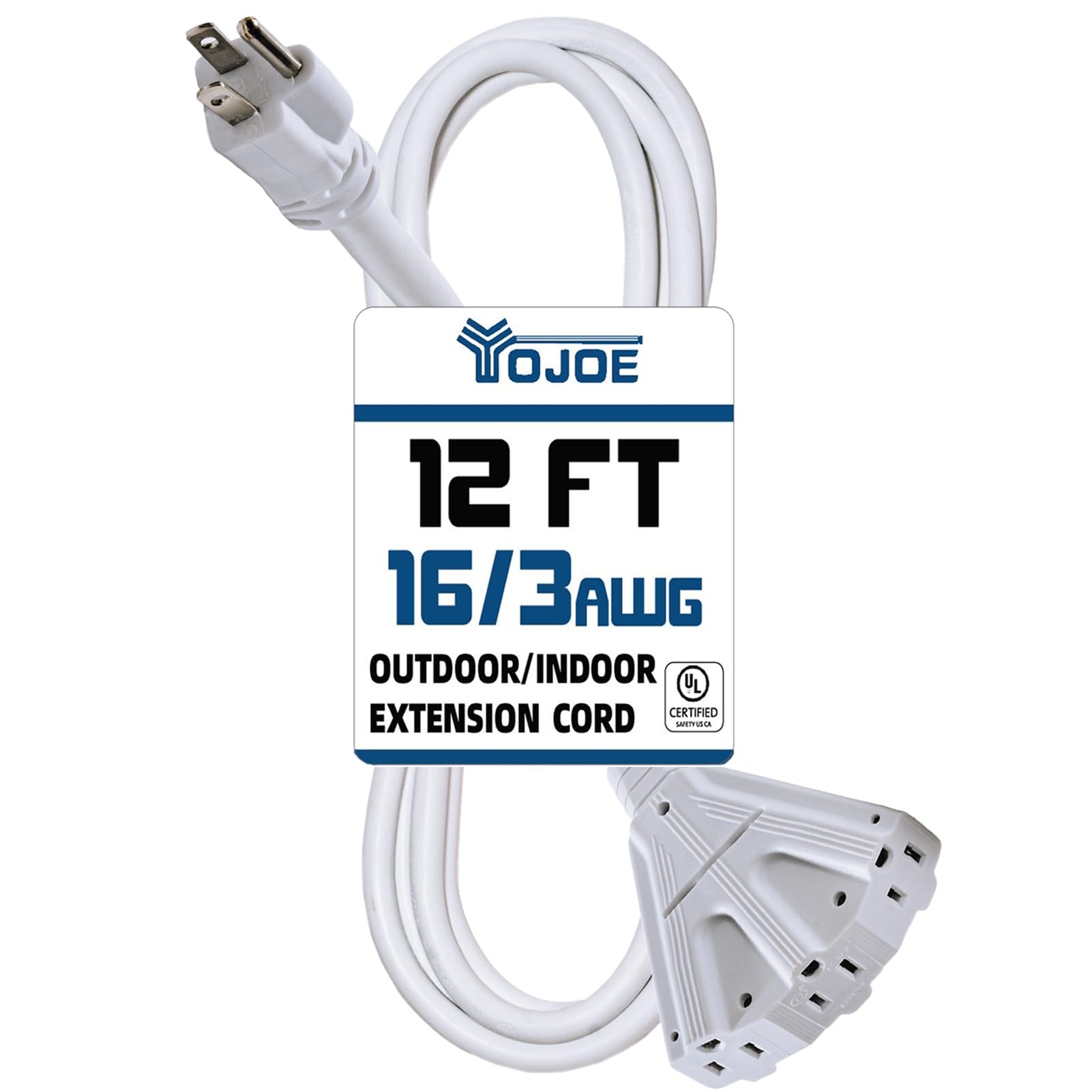 Yojoe 3 Outlets Indoor Outdoor Extension Cord, 3 Prong 13A Weatherproof Power Cord Multiple Outlets, 16 Gauge Heavy Duty 12 Ft W
