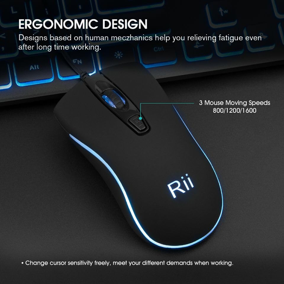 Rii Wired Keyboard and Mouse Combo, RK105 RGB Backlit, Quiet Input for Gaming, Office, School