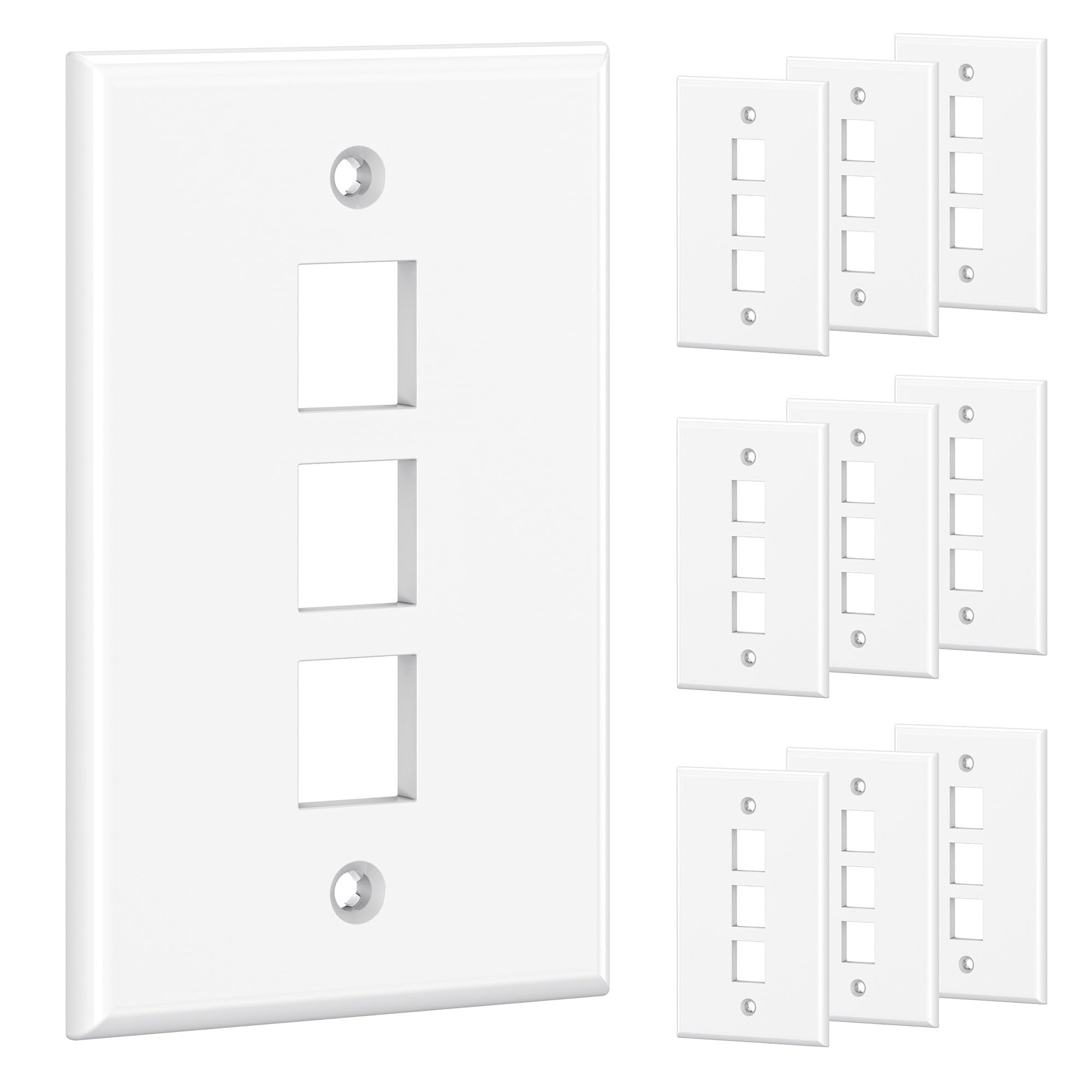 Cable Matters 10 Pack Low Profile 3 Port Keystone Jack Wall Plate, RJ45 Wall Plate for Keystone Jacks in White