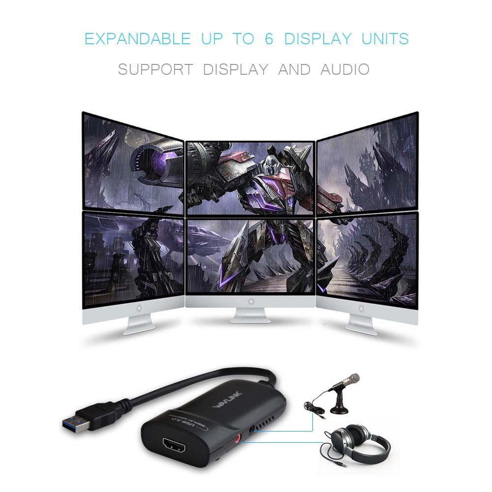 Wavlink Usb 3.0 To Hdmi Adapter For Multiple Displays, 2K (2048X1152), Up To 6 Monitors, Displaylink Certified, External Video Graphics Card Adapter With Audio Port For Windows,Mac Os,Chrome Os