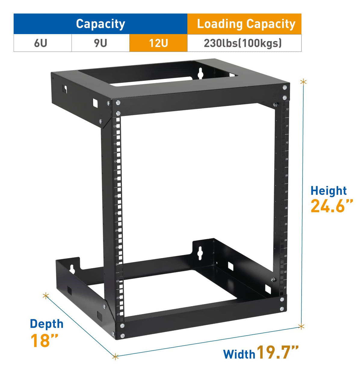 12U Wall Mount Rack Open Frame 19 Inch Server Equipment 2 Post Network ...
