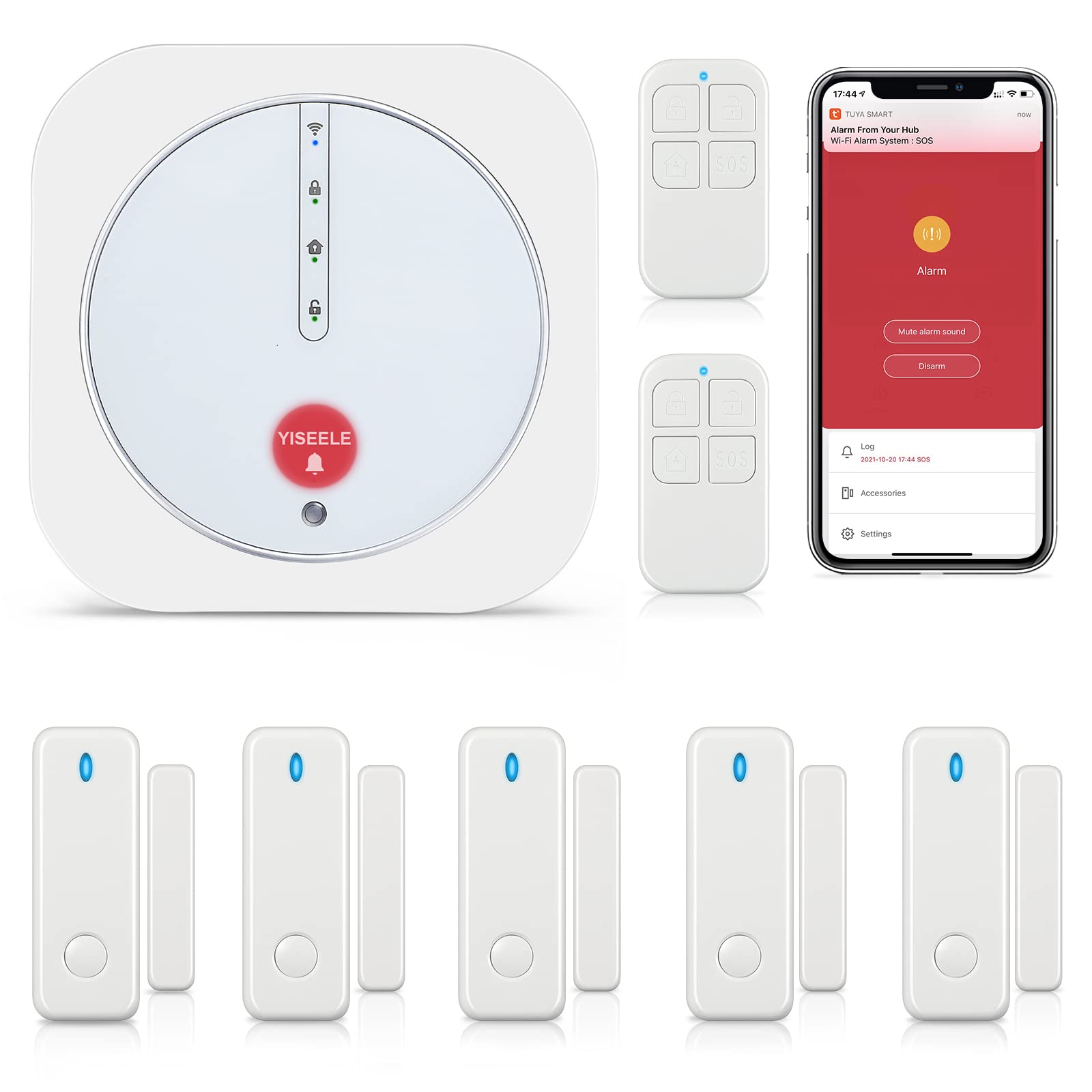 Yiseele Home Security System, Door Alarm System With Wifi, Alarm Security With Phone App Alert, 9 Piece Kit: Alarm Siren, Door W