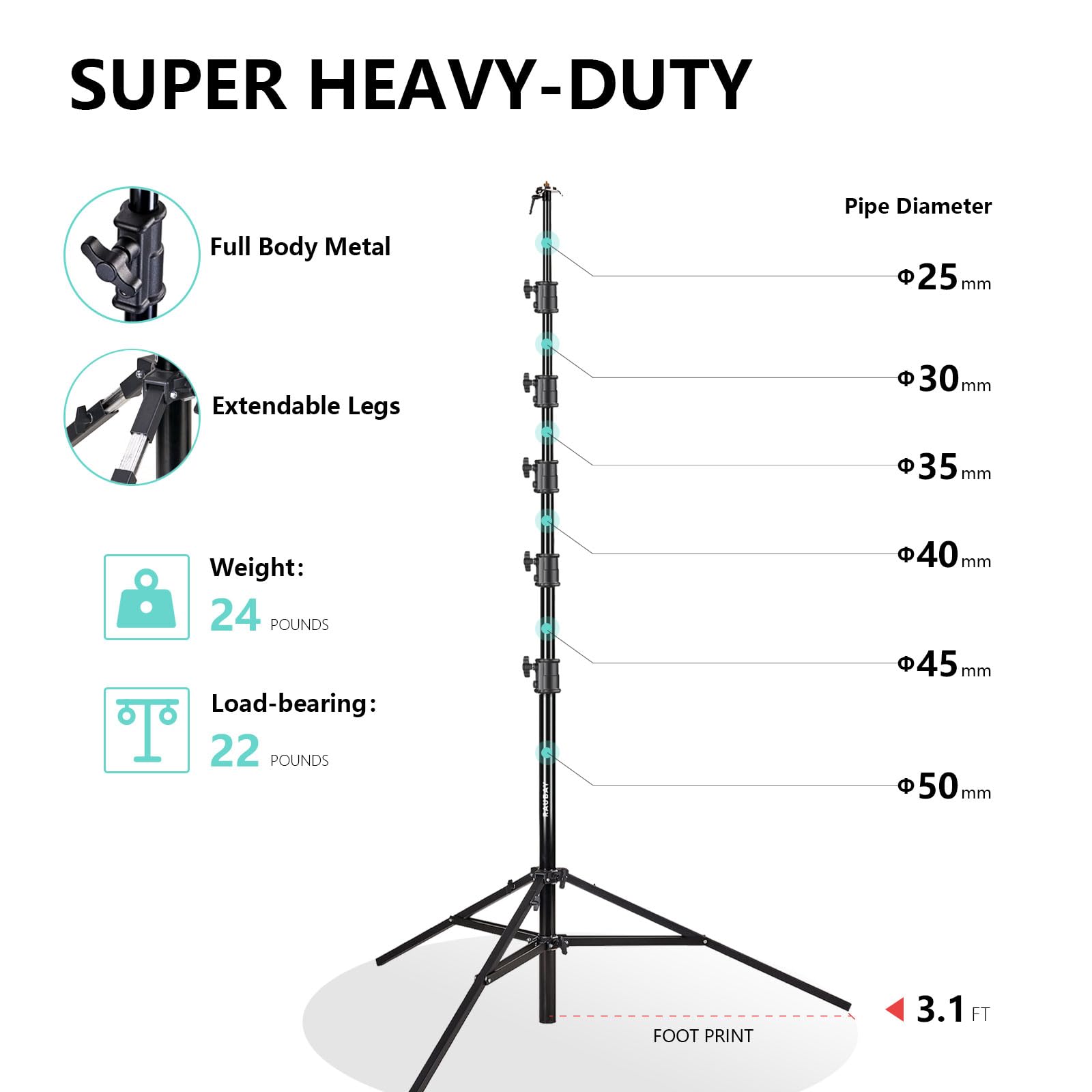 Raubay 24' Tall Tripod Stand, Extreme Tall Heavy Duty Sports Camera Video Tripod, Spring Telescoping Aluminium Alloy Large Light