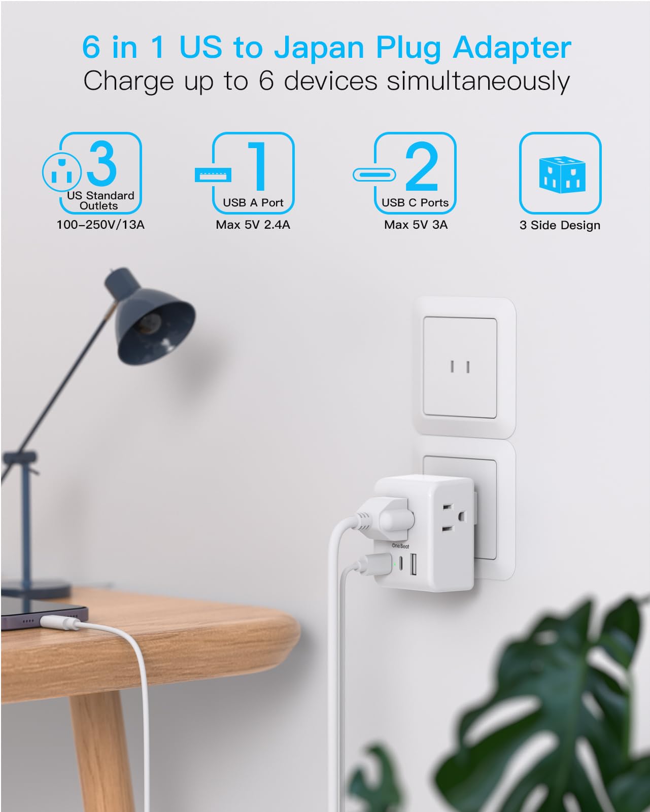 2 Pack Us To Japan Plug Adapter, 2 Prong To 3 Prong Outlet Adapter With 3 Outlets 3 Usb Ports(2 Usb C), Type A Travel Power Conv