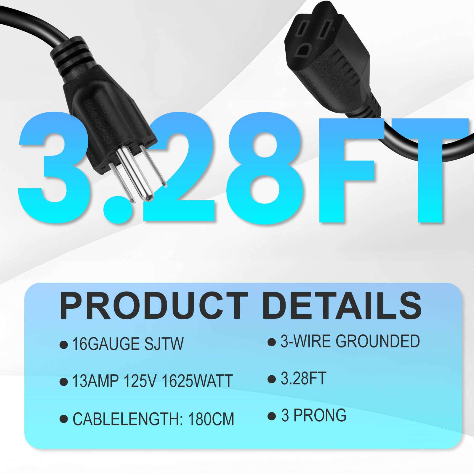 Short Power Extension Cord,16Awg/13A,Outlet Saver, 3 Prong Male Plug To Female Socket Heavy Duty Power Extension Cable (3.3Ft/1M