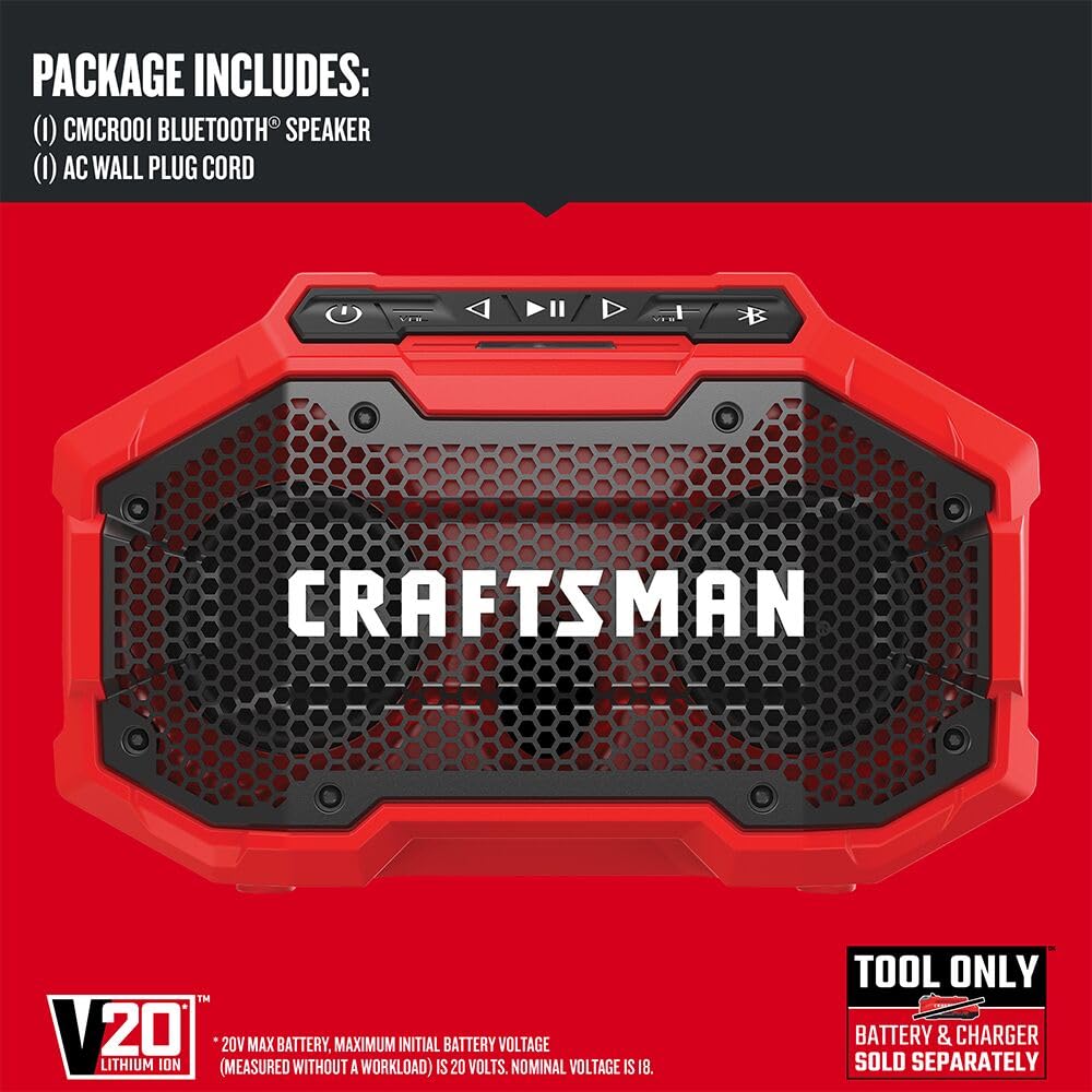 Craftsman V20 Wireless Portable Bluetooth Speaker, Tool Only (Cmcr001B), Red
