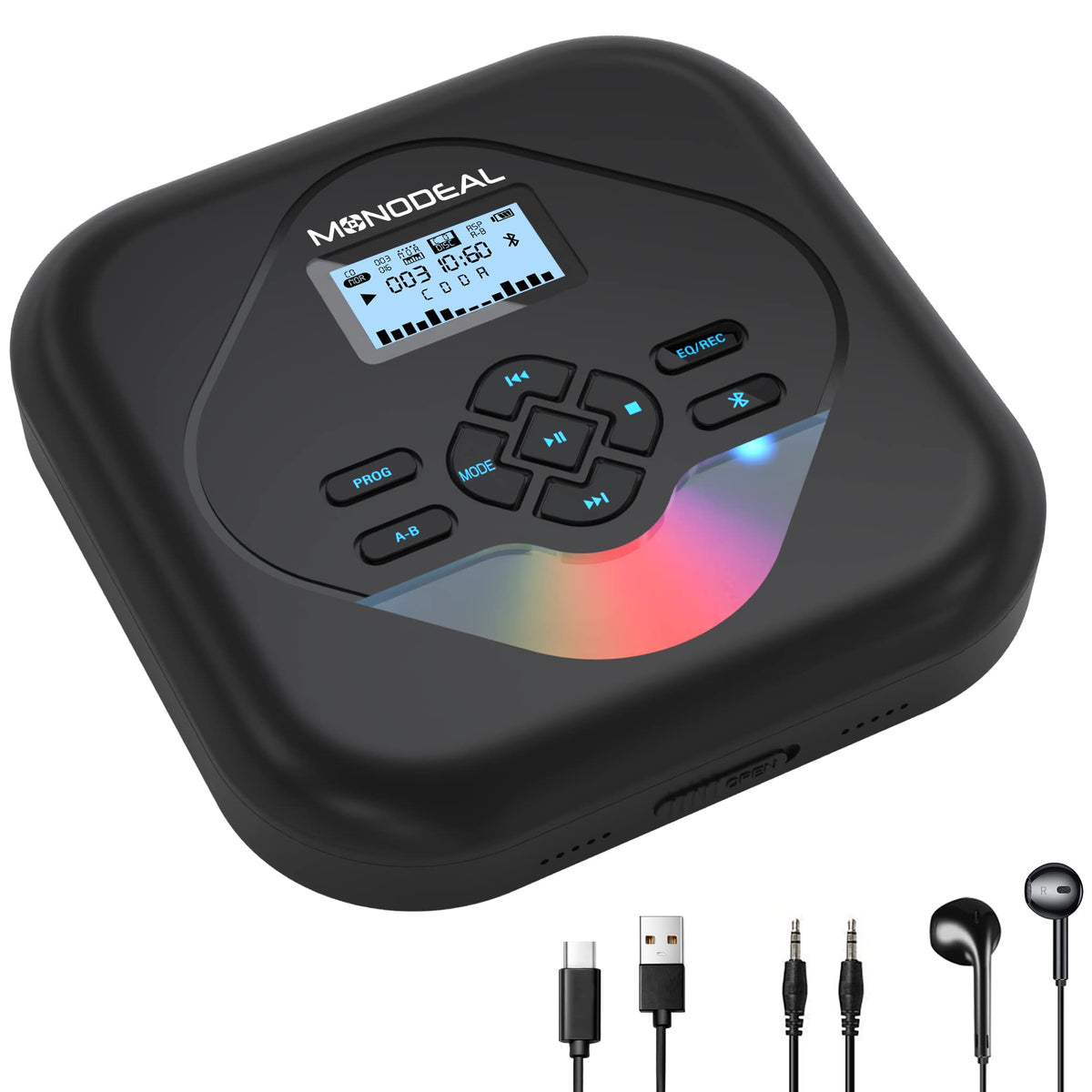 Monodeal Cd Player Portable,Bluetooth Cd Player With Speakers,Rechargeable Walkman Cd Player For Car And Home,Small Anti Skip Cd