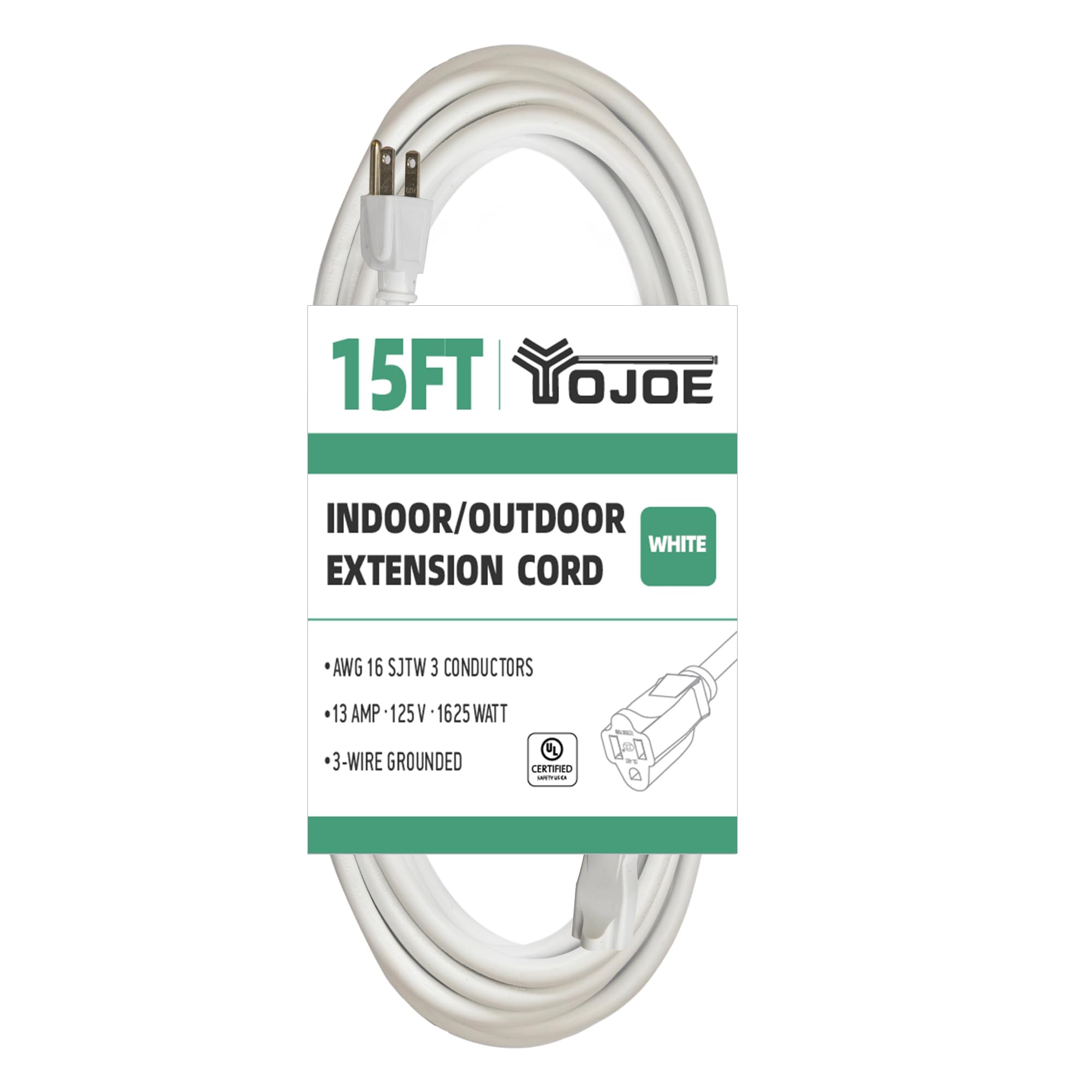 Yojoe Indoor Outdoor Extension Cord, 3 Prong 13A Weatherproof Power Extension Cord, 16 Gauge Heavy Duty 15 Ft White Extension Co