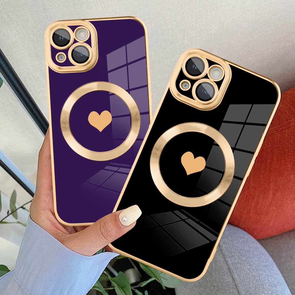 Tharlet Magnetic For Iphone 15 Plus Case [Compatible With Magsafe] Cute Love Luxury Plating Edge Bumper Case With Full Camera Le