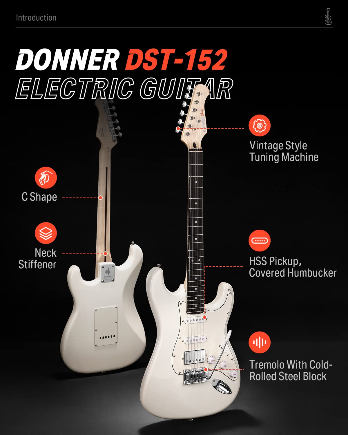 Donner Electric Guitar, Dst 152 39'' Electric Guitar Starter Kit Hss Pickup Coil Split, With Amp, Bag, Accessories, Polar White