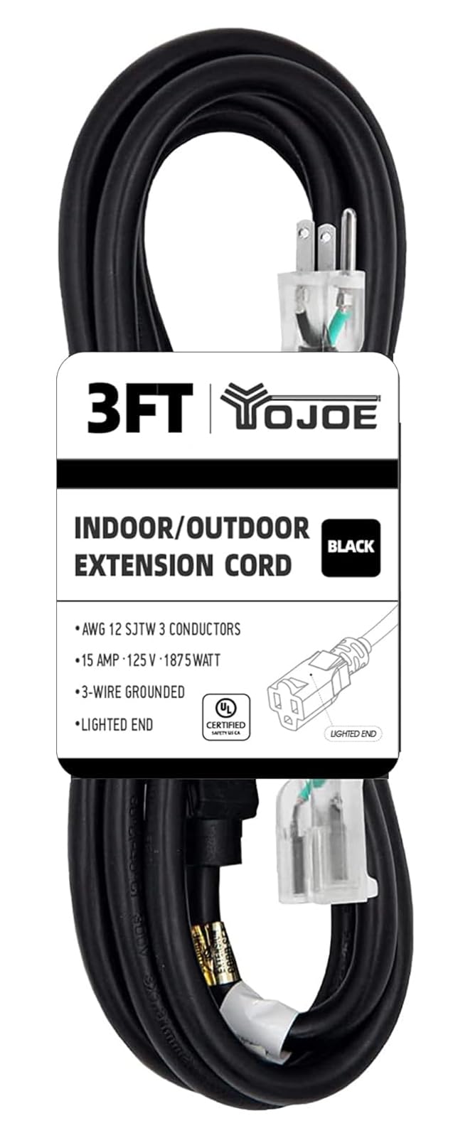 Yojoe Indoor Outdoor Extension Cord With Lighted End, 3 Prong 15A Weatherproof Power Extension Cord, 12 Gauge Heavy Duty 3 Ft Bl