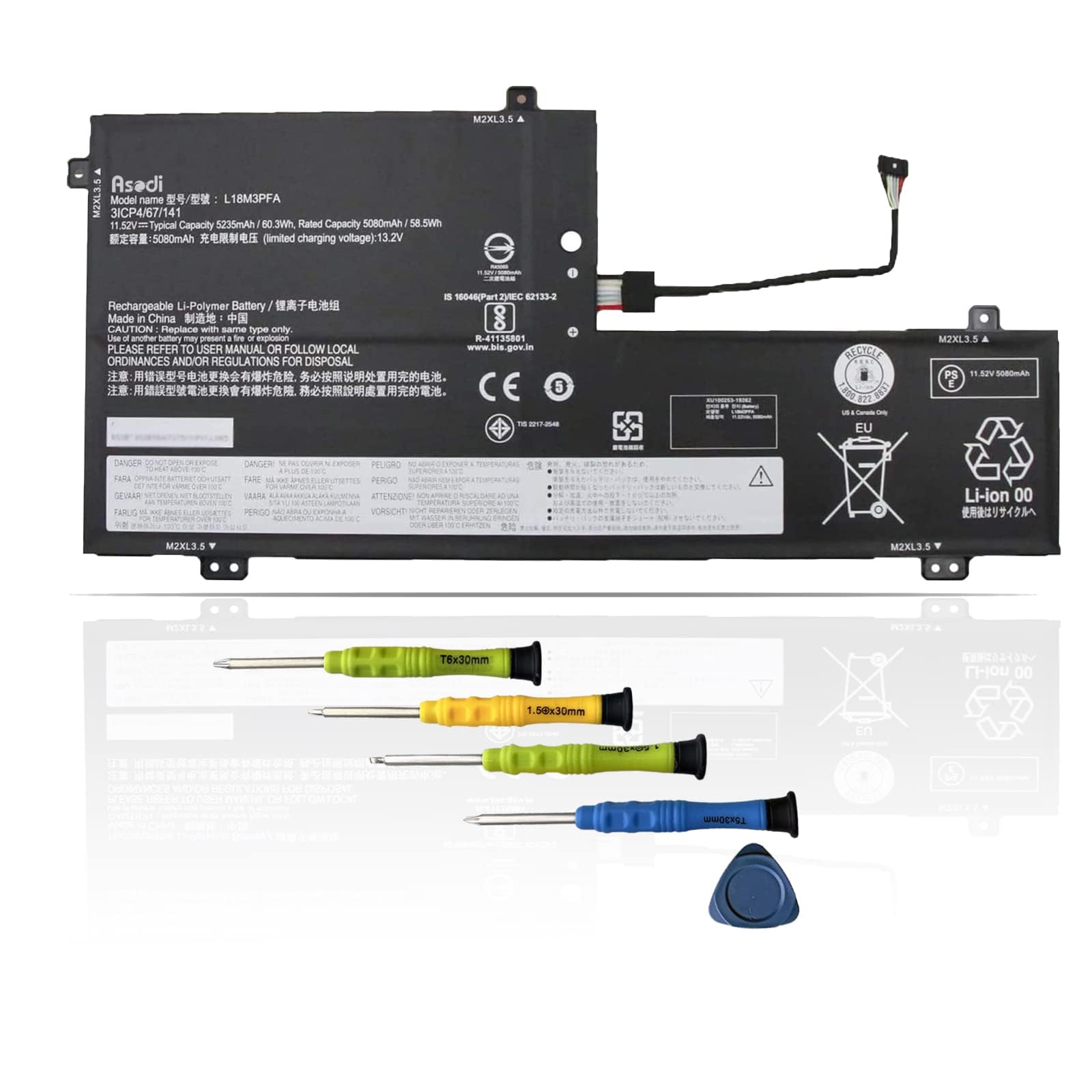 Asodi L18M3Pfa L18D3Pf2 Laptop Battery Compatible With Lenovo Yoga C740 15Iml Series L18D3Pf2 3Icp4/67/141 11.52V 60.3Wh 5235Mah