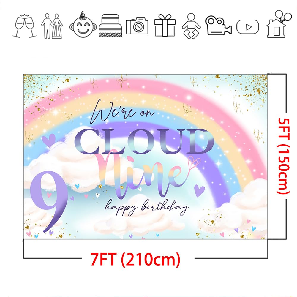 Mocsicka On Cloud 9 Birthday Backdrop On Cloud 9 Birthday Decoration For Girls Cute Rainbow Cloud 9Th Girl Birthday Background P